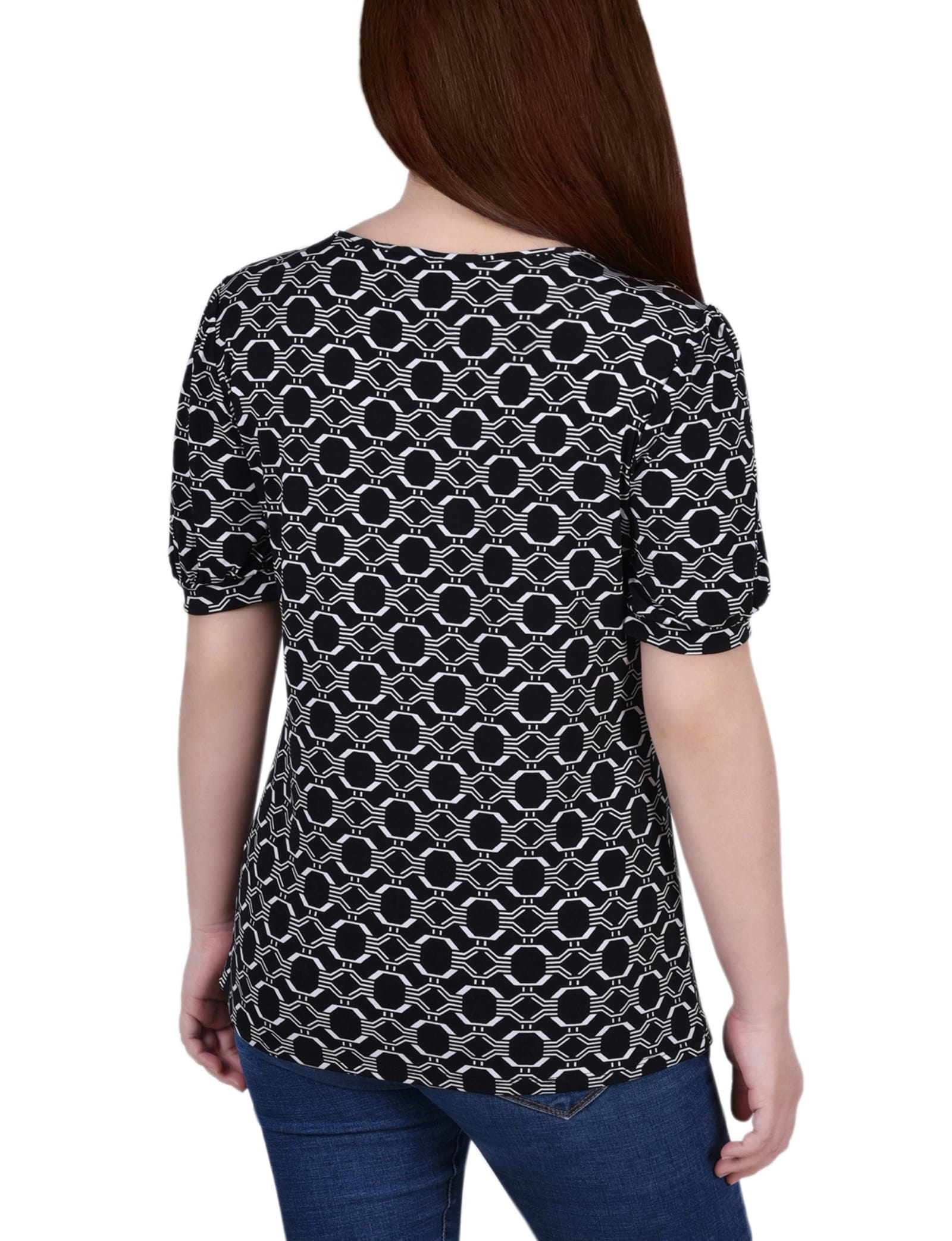 Petite Short Puff Sleeve Sheer Inset Top thumbnail 2