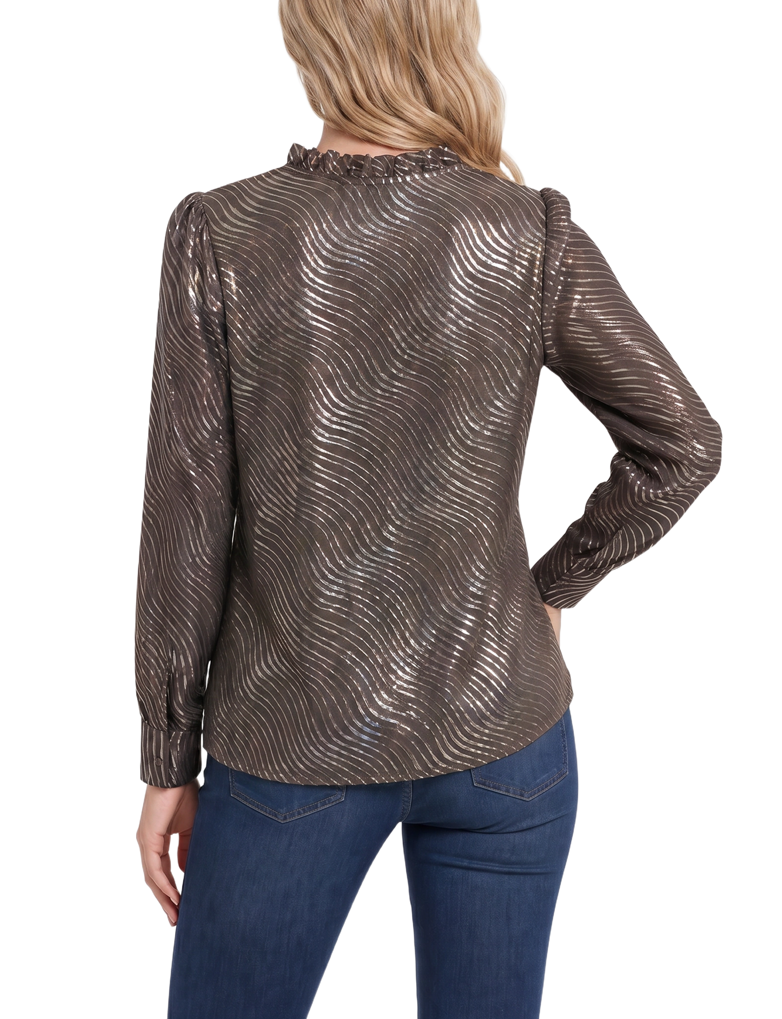 Long Sleeve V Neck Blouse with Metallic Print thumbnail 4