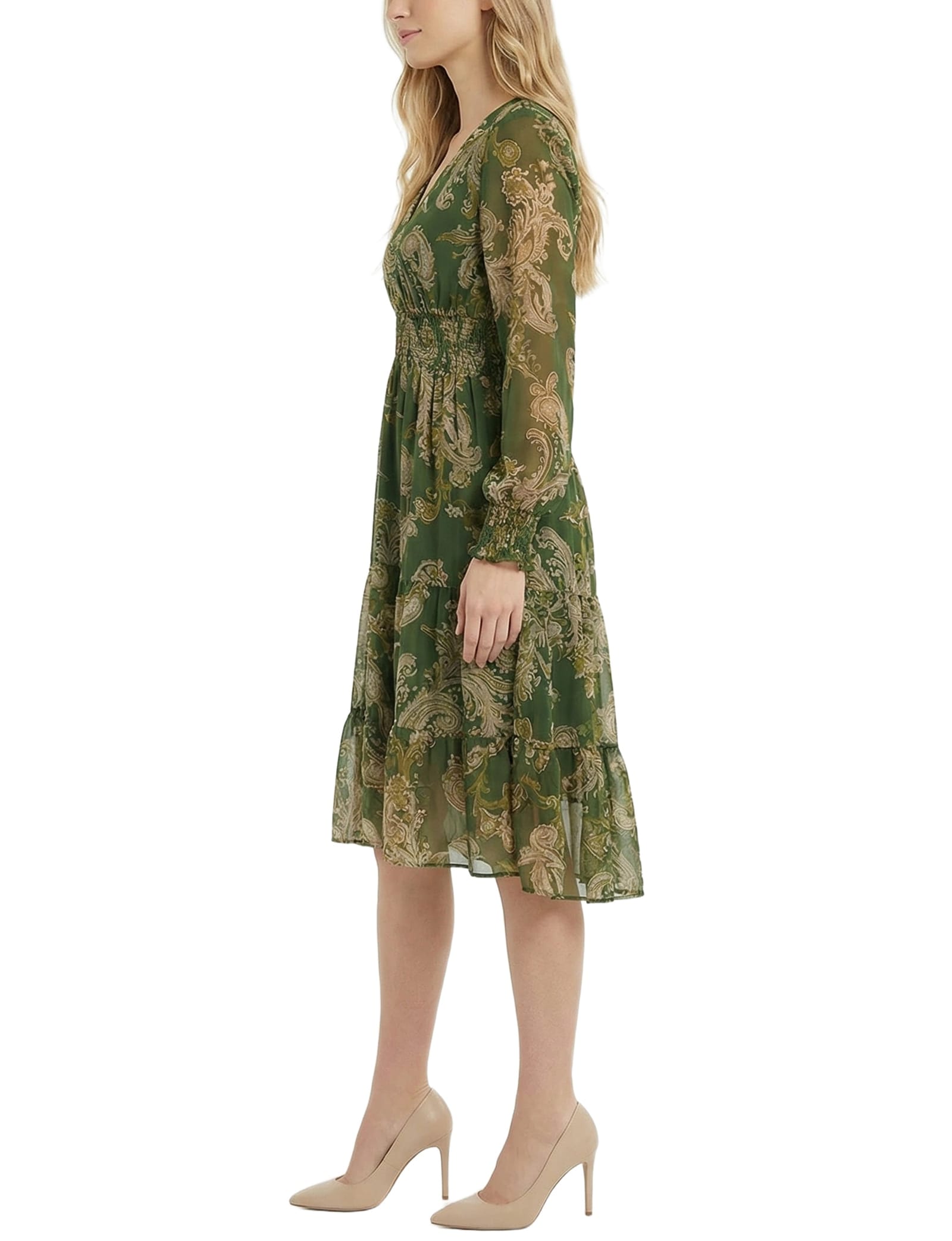 Petite Long Sleeve Clip Dot Chiffon Dress with Smocked Waist and Cuffs thumbnail 3