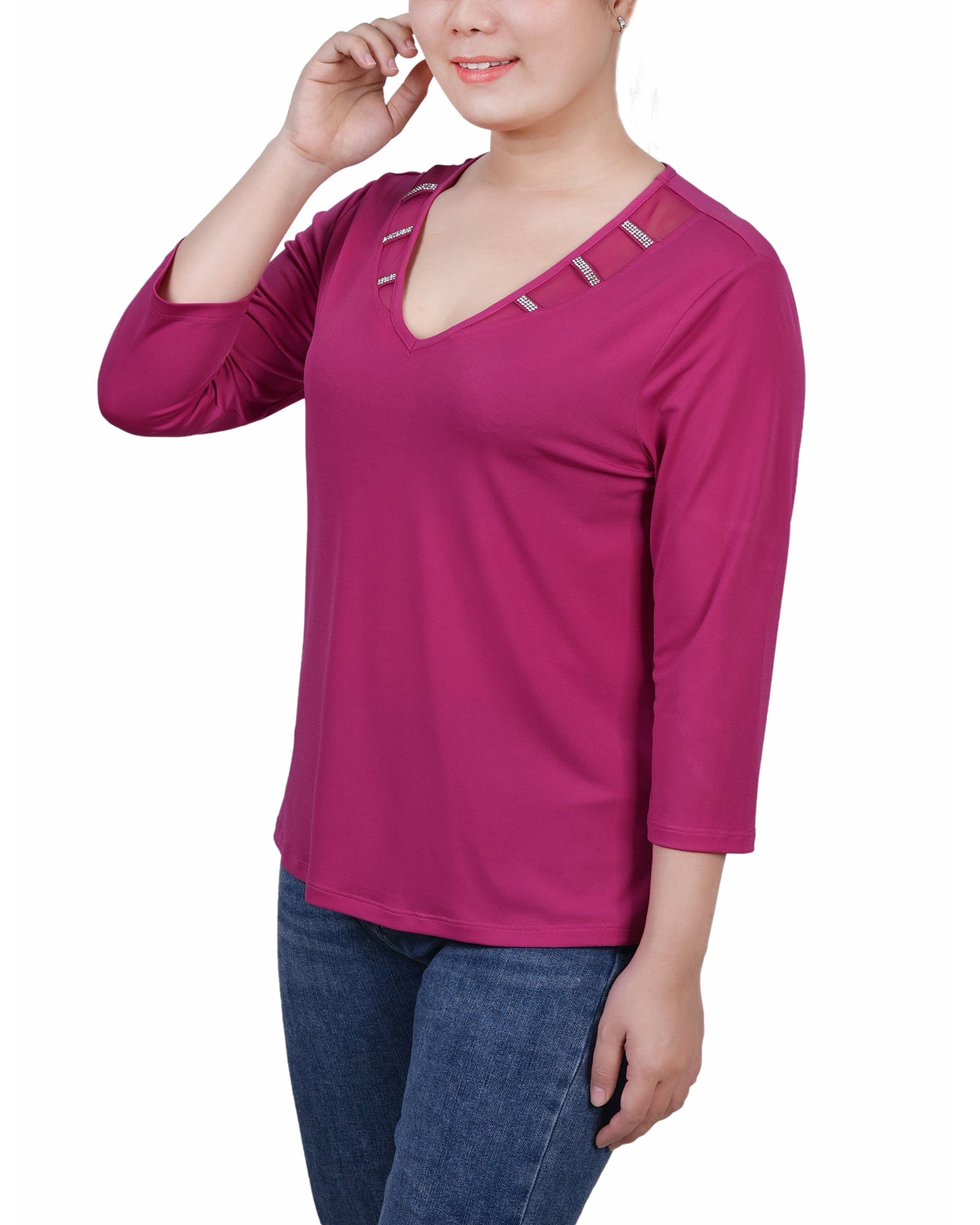 Petite 3/4 Sleeve Top with Illusion Neckline and Stones thumbnail 2