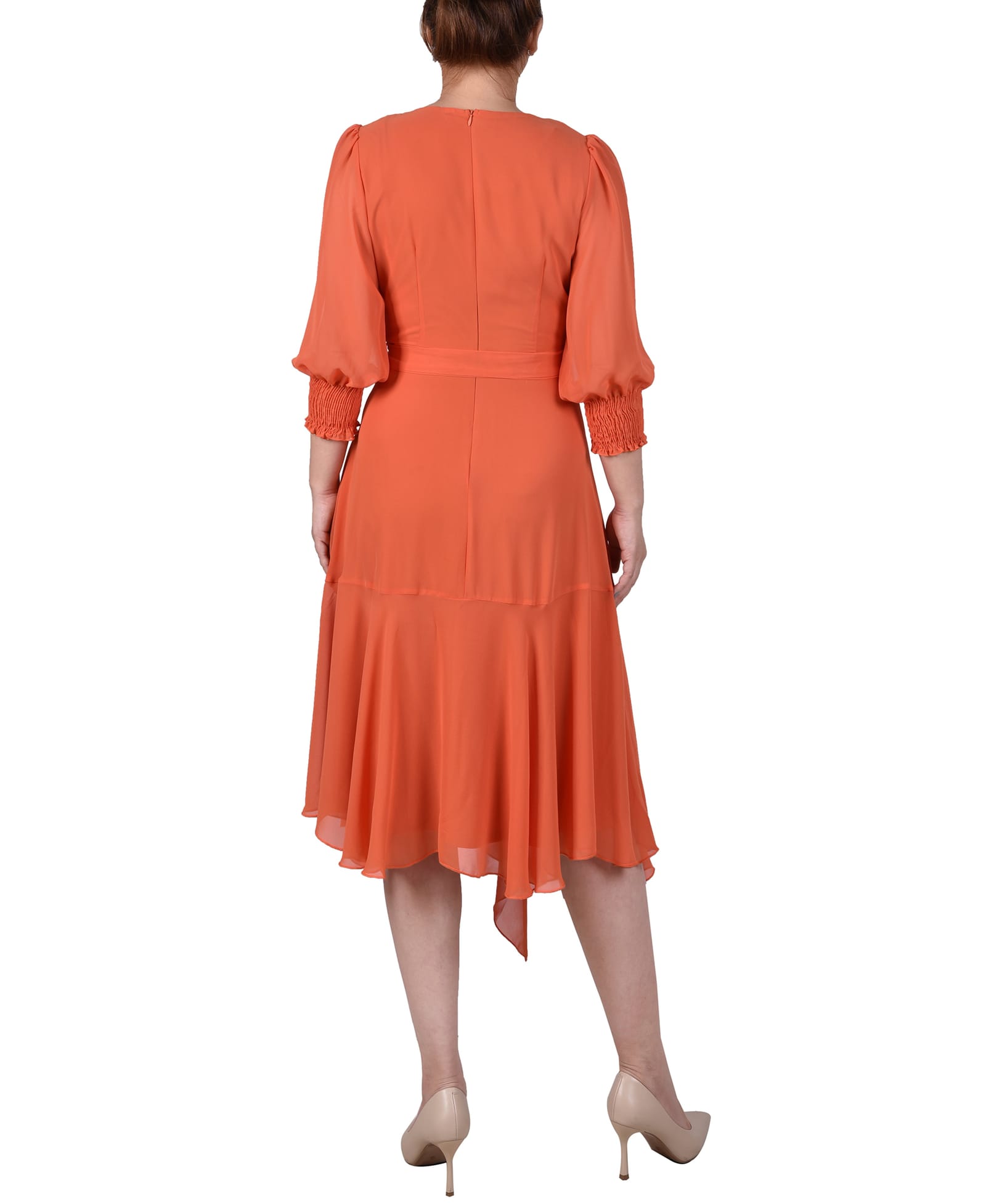 3/4 Sleeve Belted Chiffon Handkerchief Hem Dress thumbnail 3