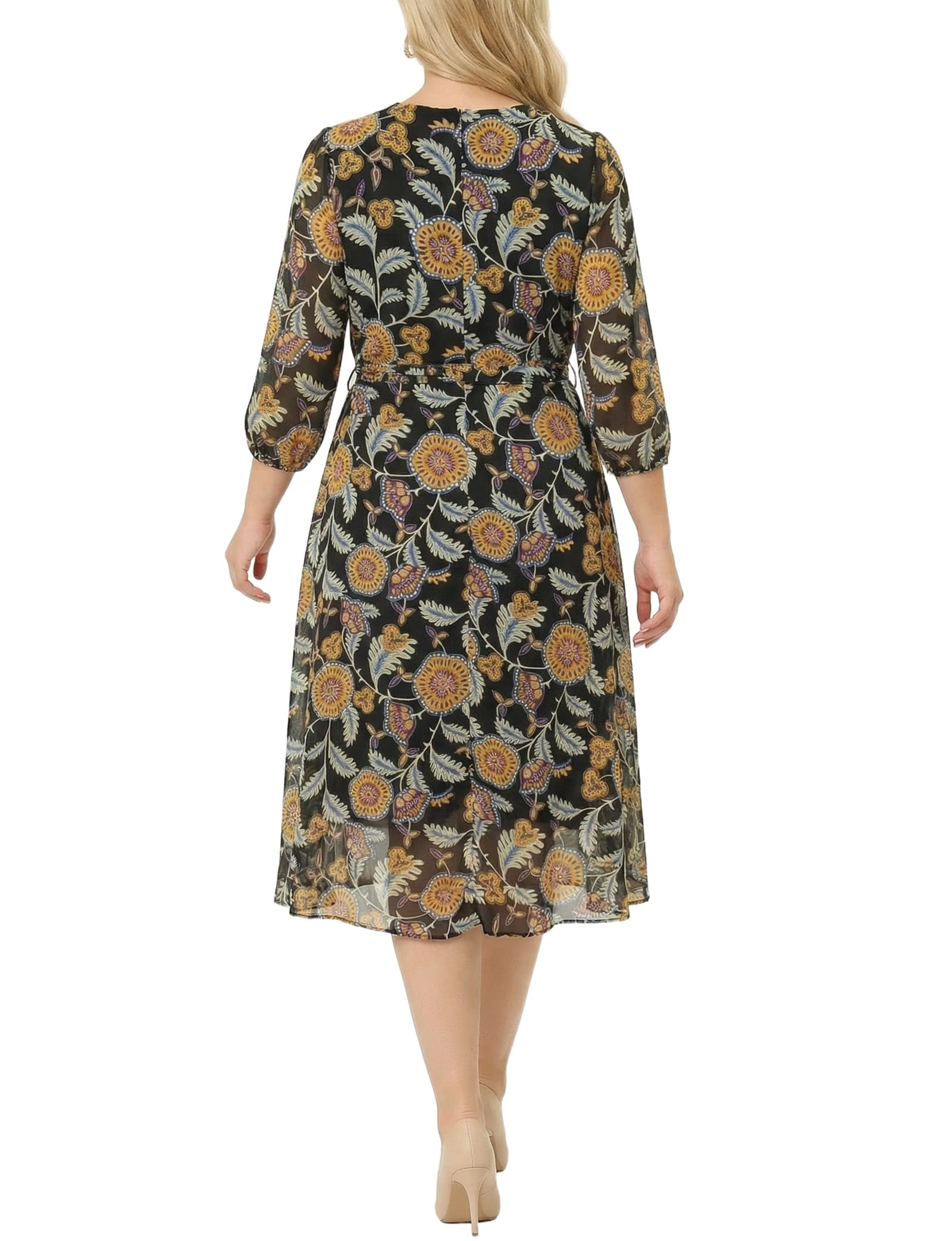 Plus Size 3/4 Sleeve V-Neck Belted Chiffon Dress thumbnail 3