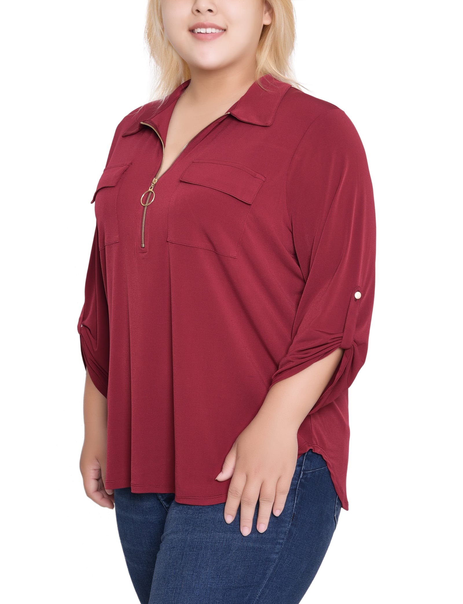 Plus Size 3/4 Roll Tab Zip Front Top thumbnail 3