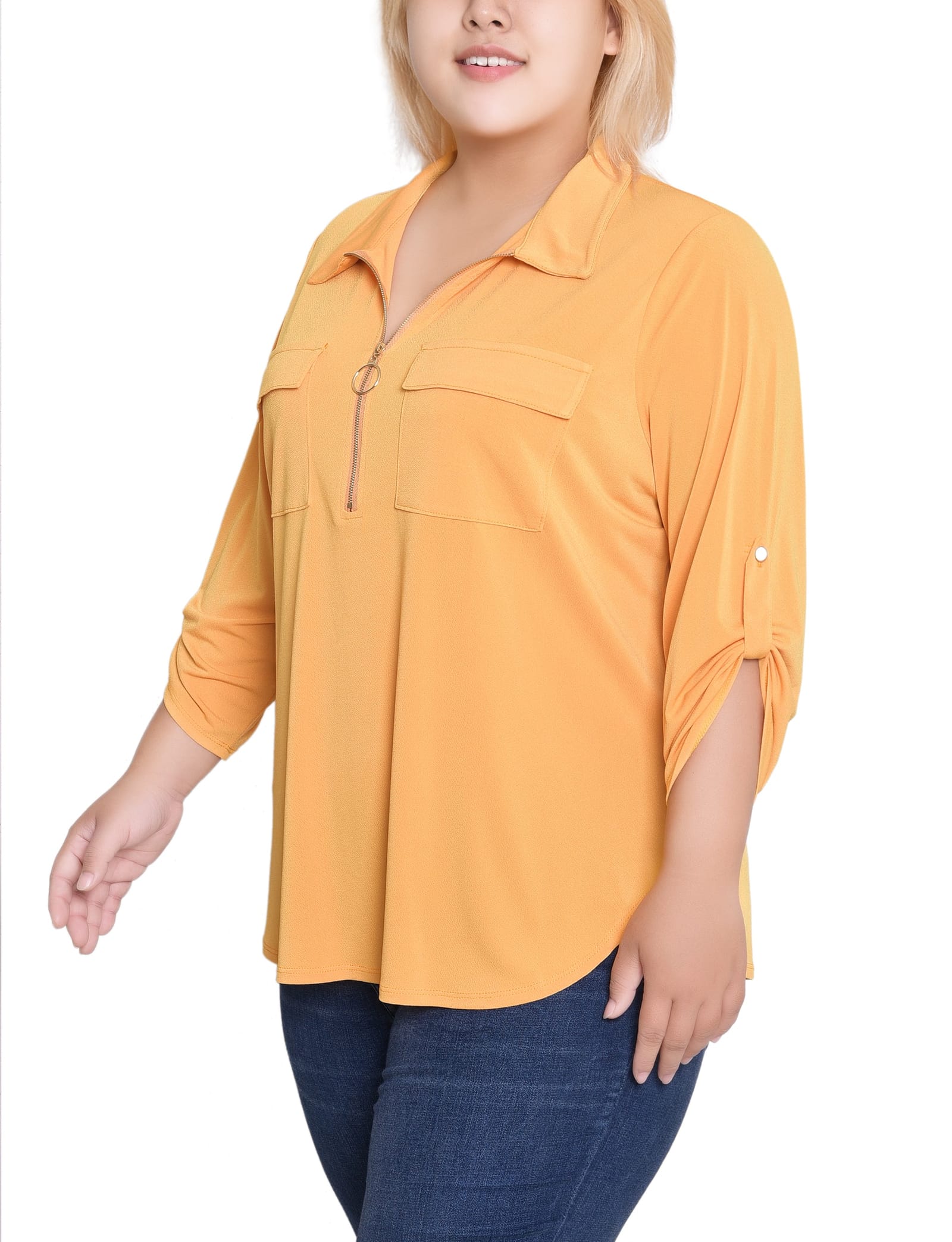 Plus Size 3/4 Roll Tab Zip Front Top thumbnail 3