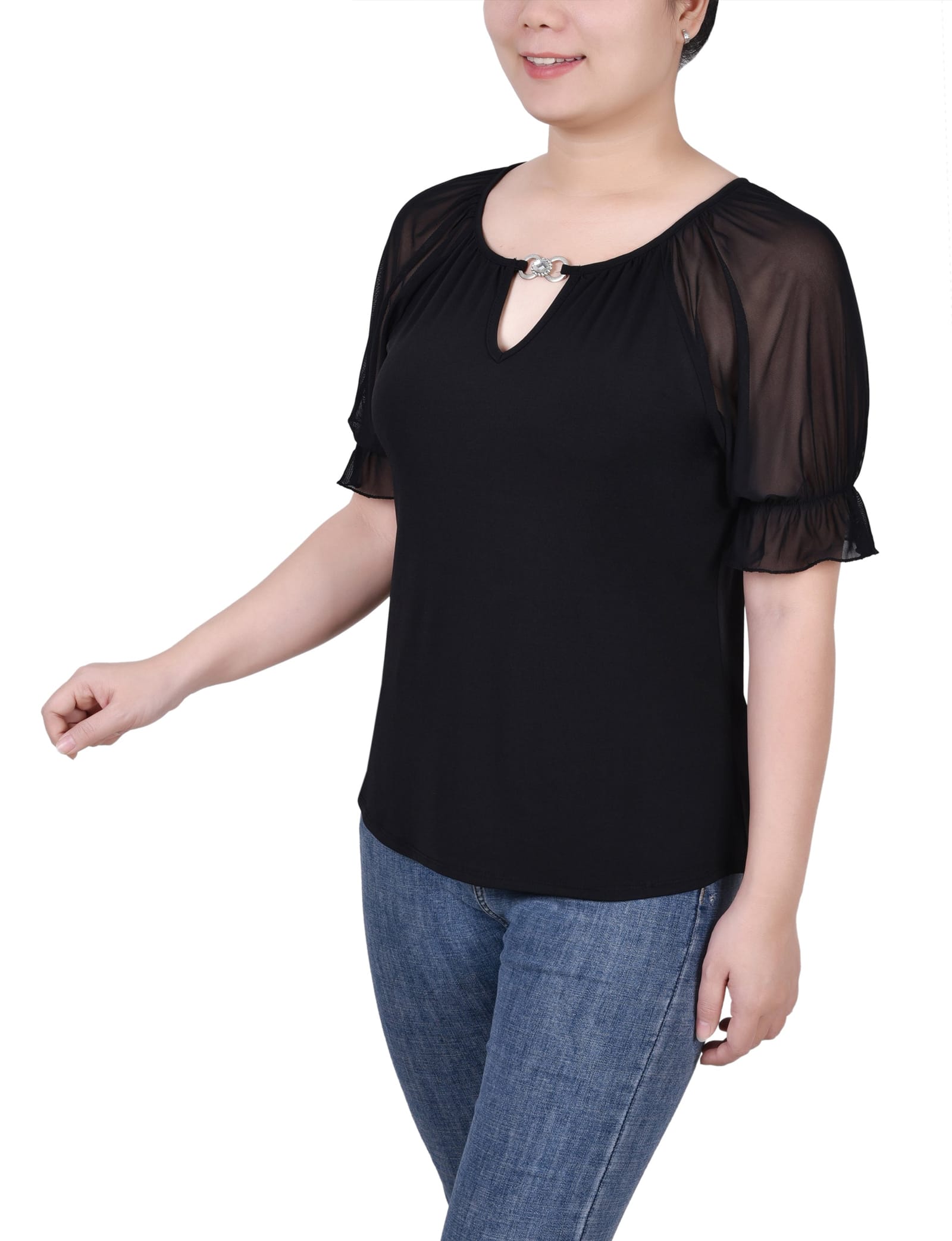 Petite Short Ruffle Sleeve Top with Rhinestones thumbnail 2