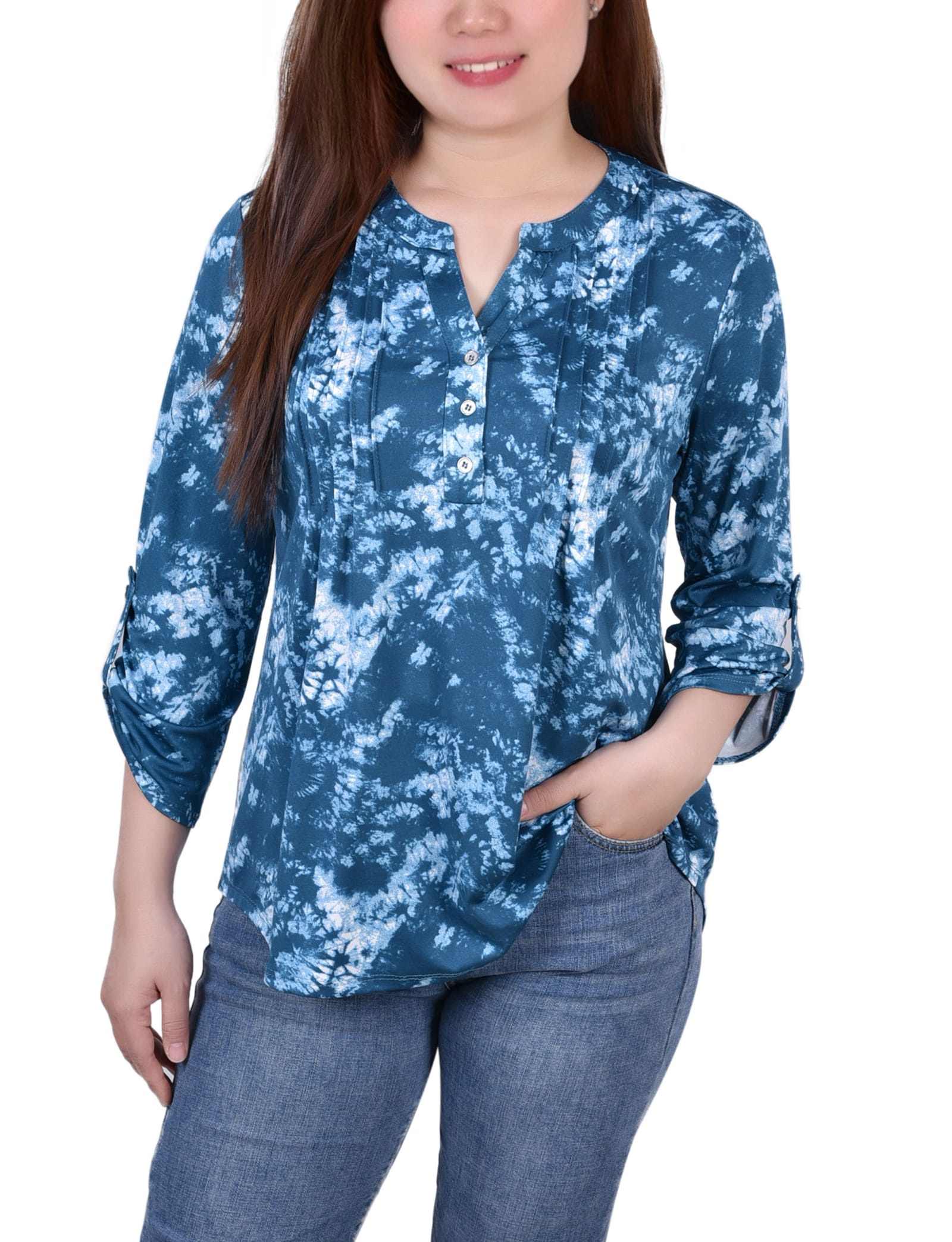 Petite Knit Jacquard 3/4 Sleeve Roll Tab Top thumbnail 4