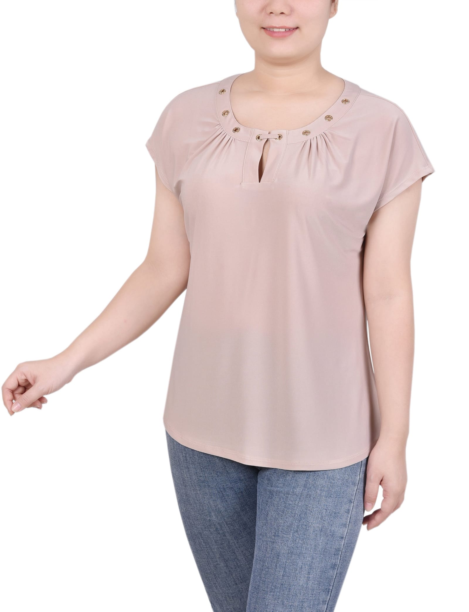 Short Extended-Sleeve Grommet Neck Knit Top thumbnail 2
