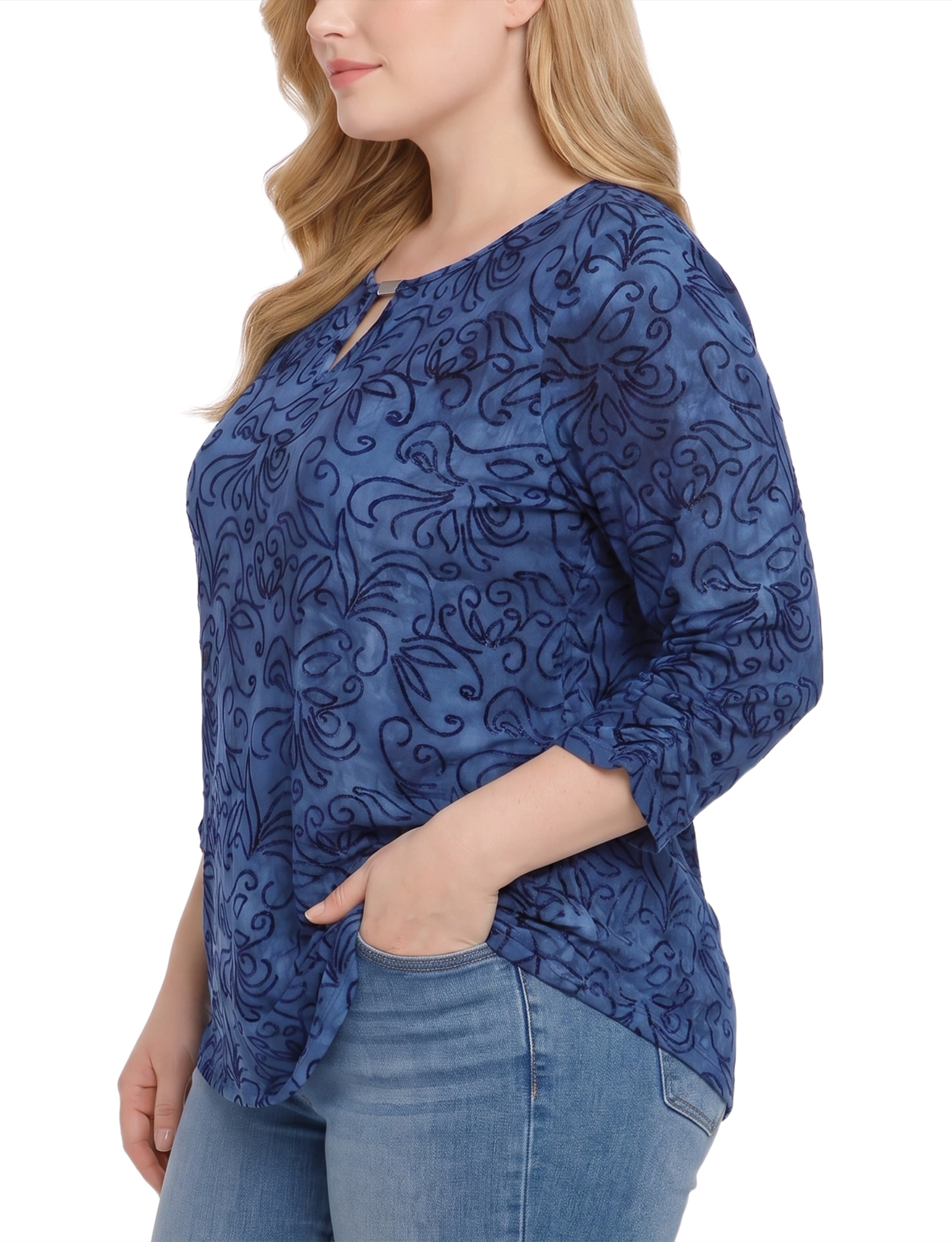 Plus Size 3/4 Sleeve Flocked Knit Pullover Top thumbnail 2