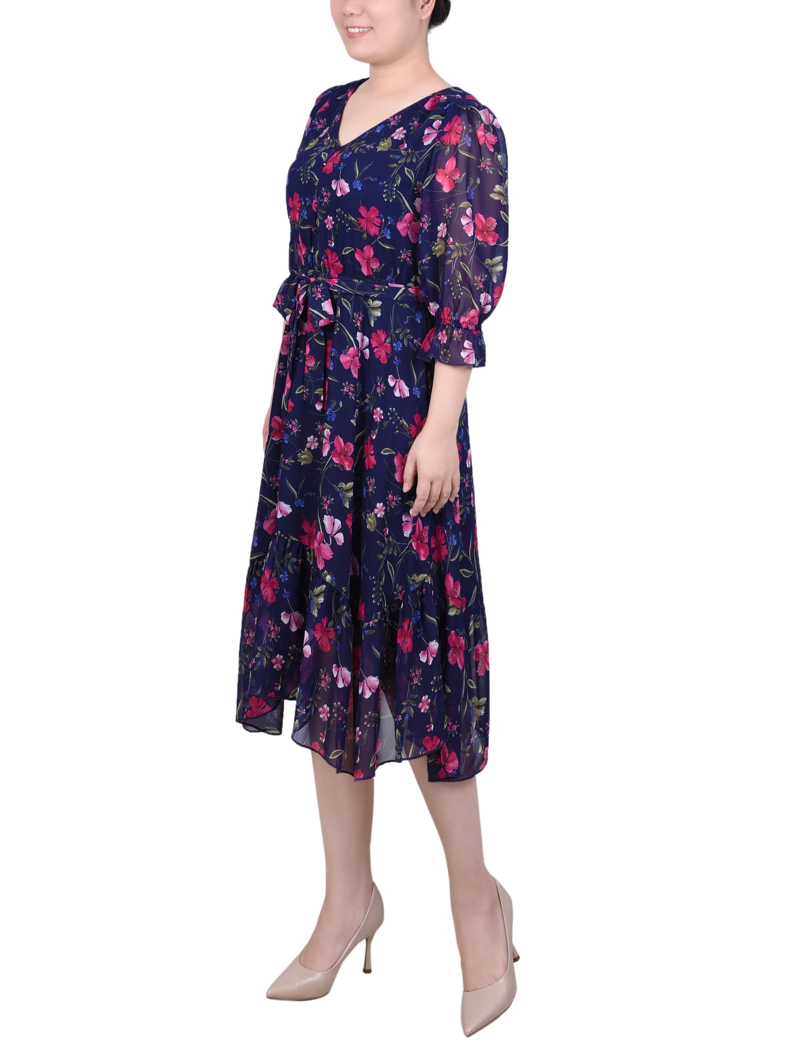 Petite 3/4 Sleeve V-Neck Flounced Dress thumbnail 2