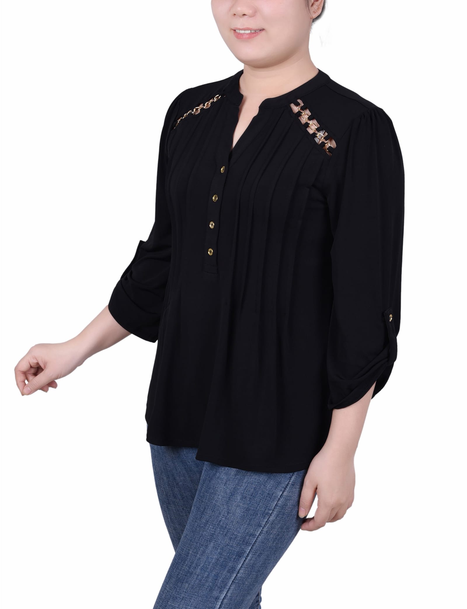 Petite Long Sleeve Pintuck Front Top with Chain Details thumbnail 2