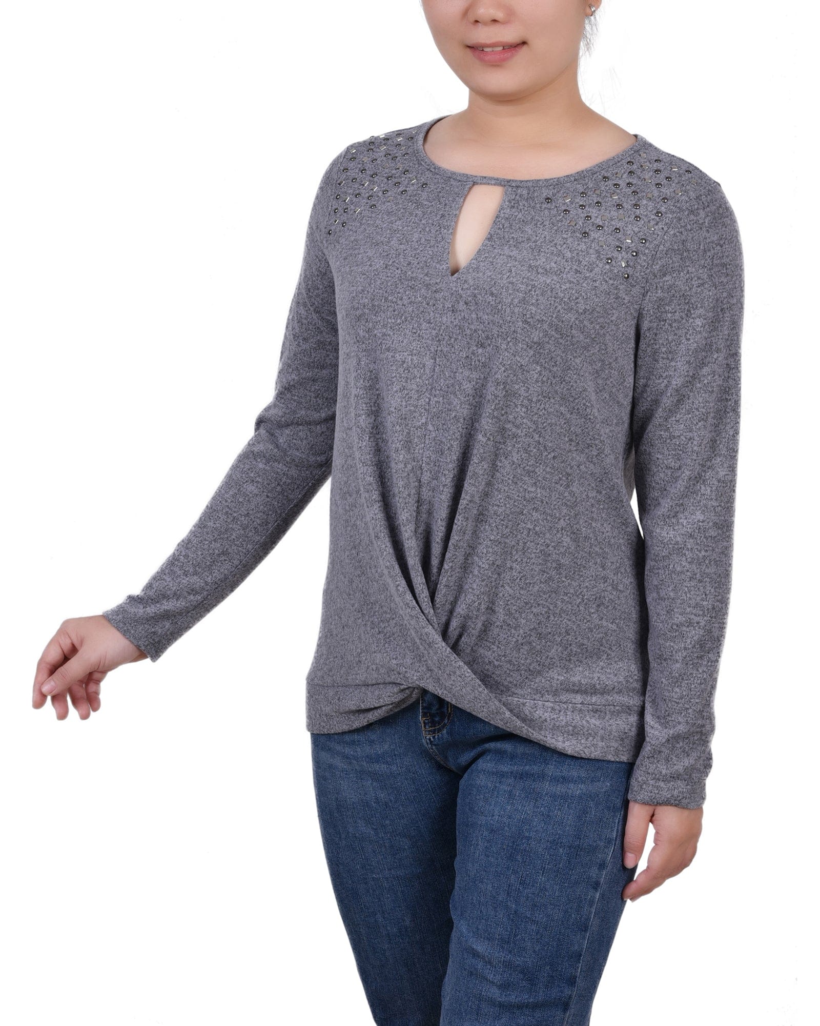 Petite Long Sleeve Knit Keyhole Top with Studs thumbnail 2