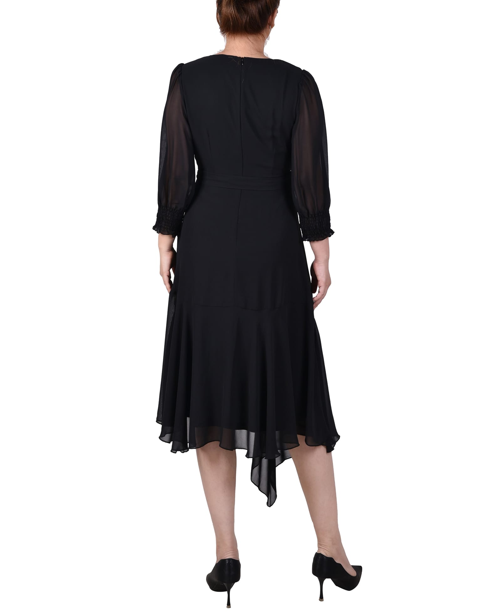 3/4 Sleeve Belted Chiffon Handkerchief Hem Dress thumbnail 3