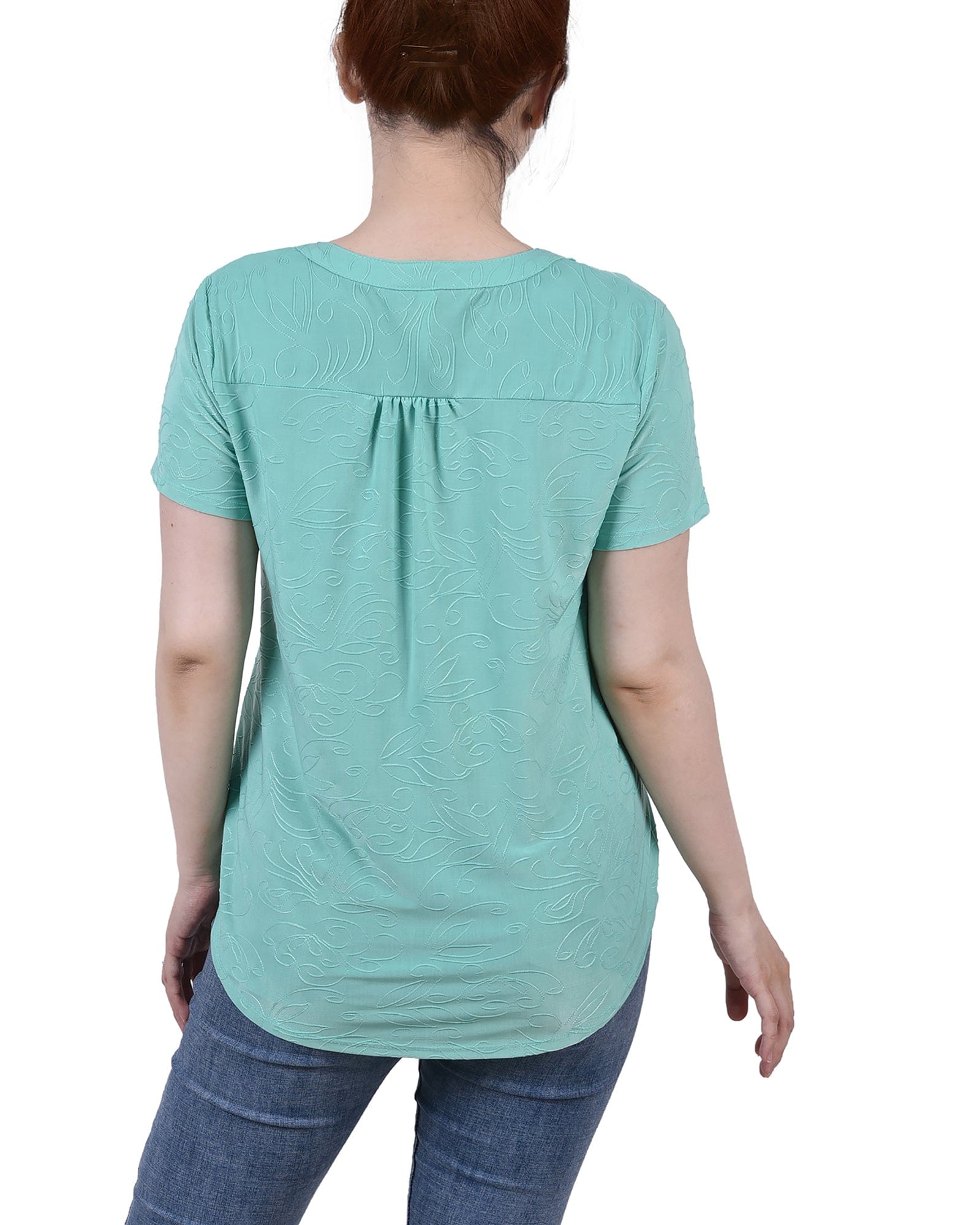 Petite Short Sleeve Y Neck Jacquard Knit Top thumbnail 3