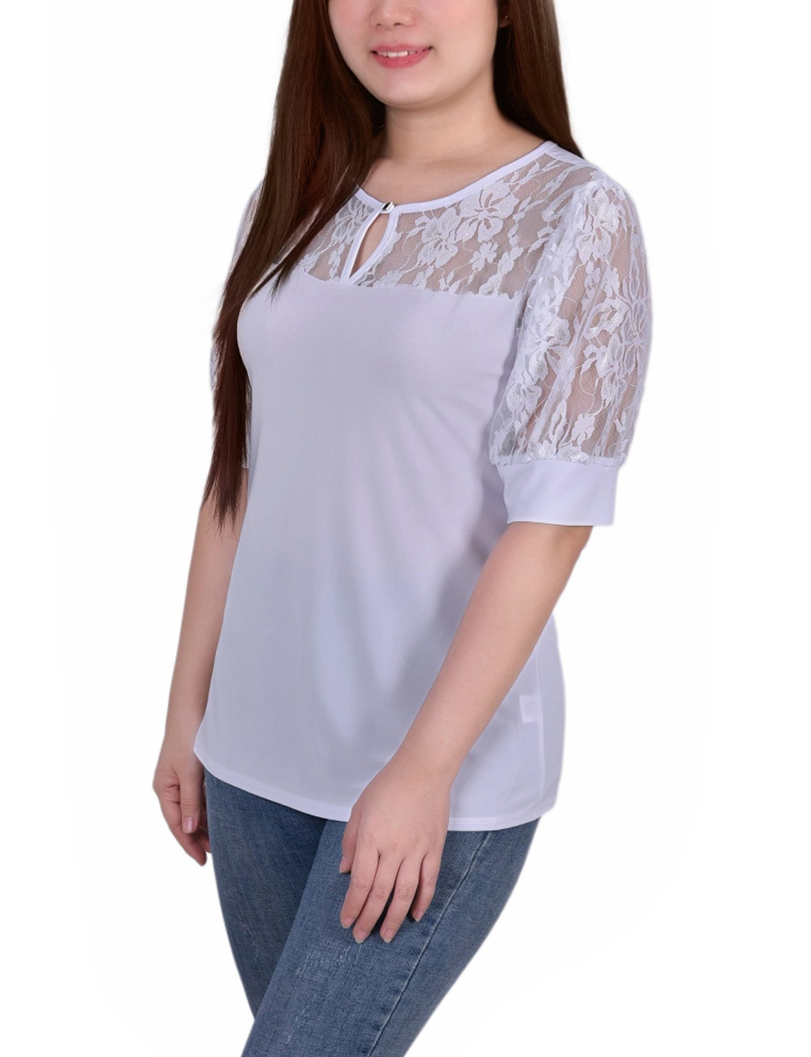 Short Sleeve Lace Yoke and Sleeve Top thumbnail 2