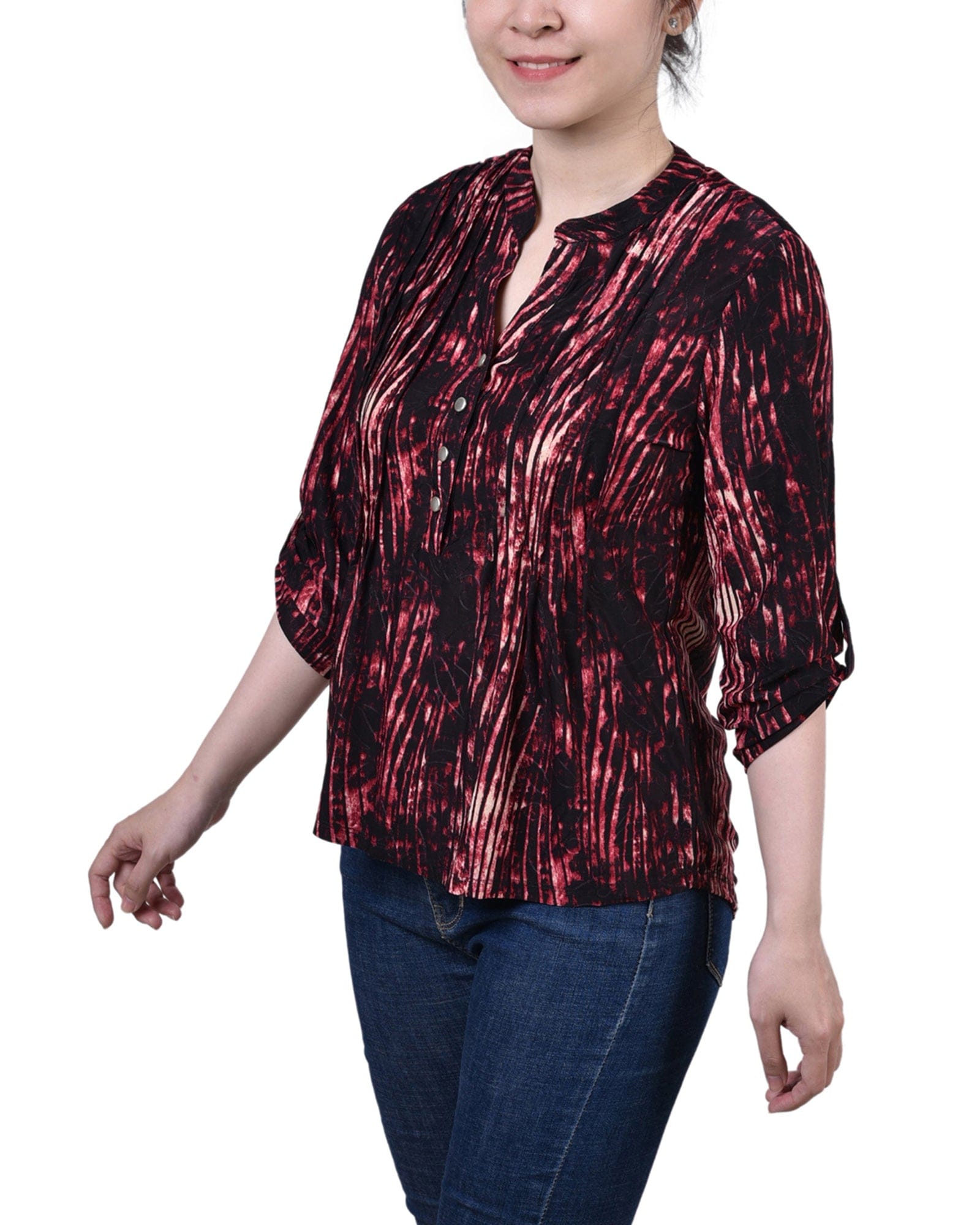 Petite 3/4 Sleeve Roll Tab Y Neck Pullover Top thumbnail 2