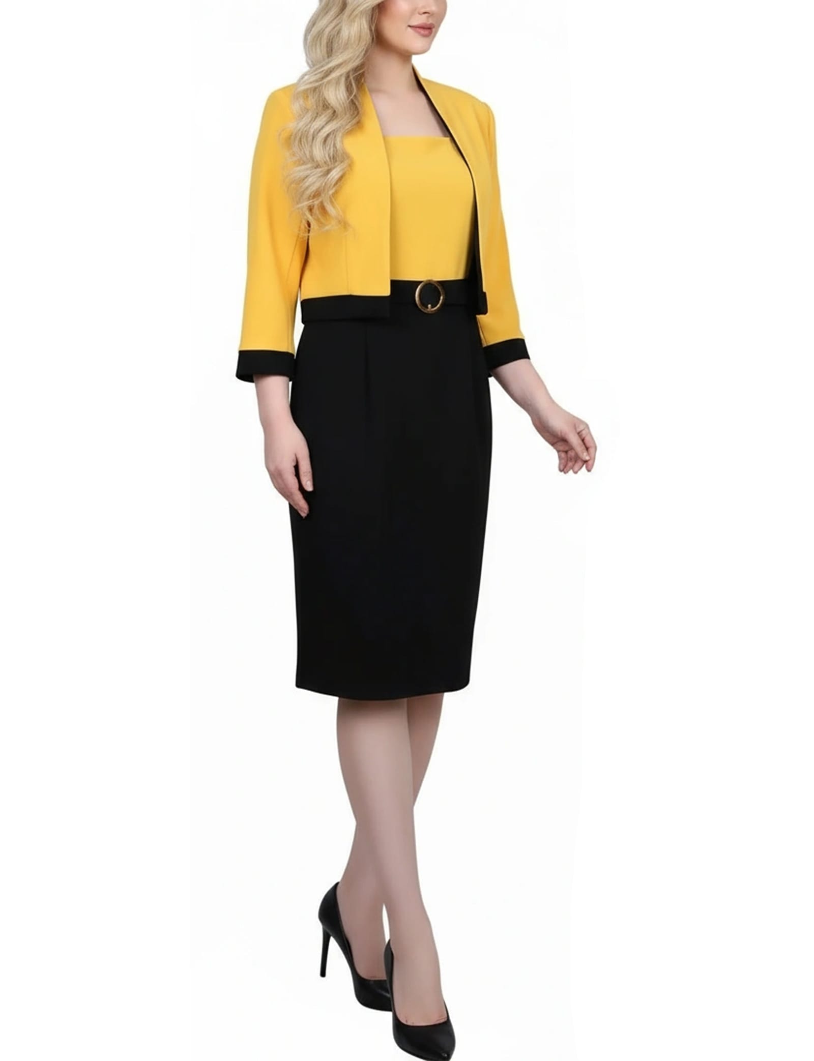 Petite 3/4 Sleeve 2 Piece Colorblocked Dress Set thumbnail 3