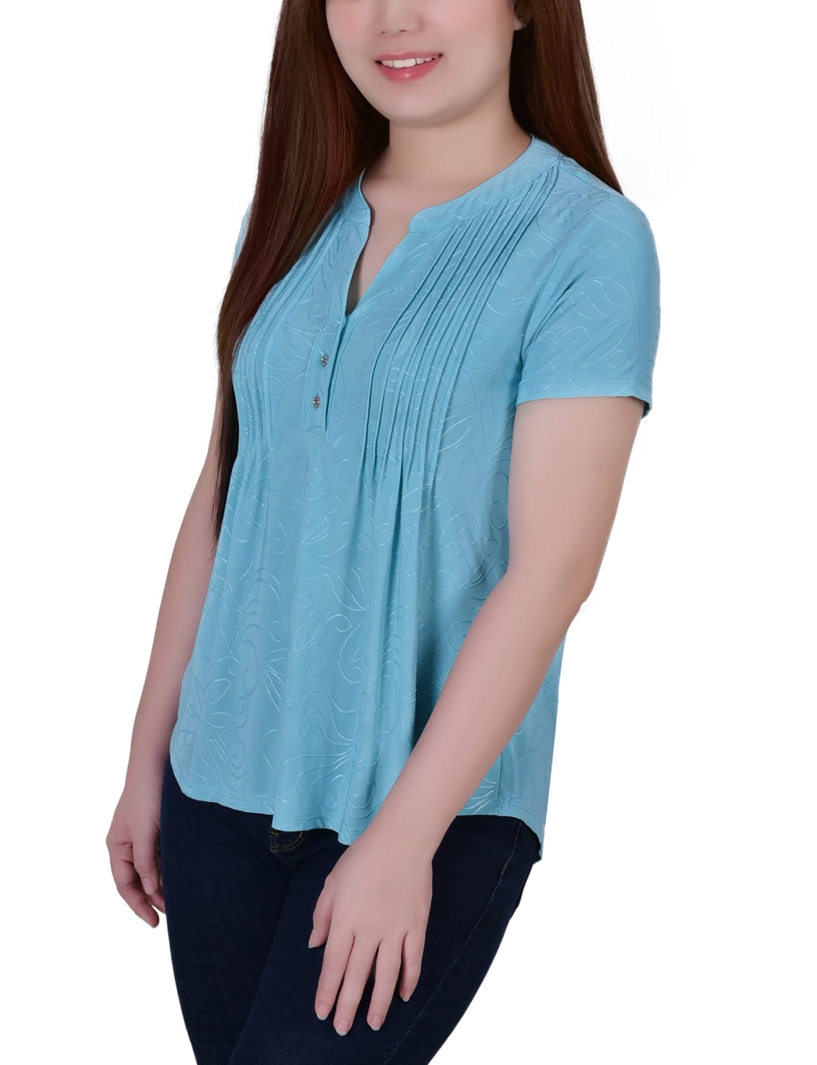 Petite Short Sleeve Y Neck Jacquard Knit Top thumbnail 2