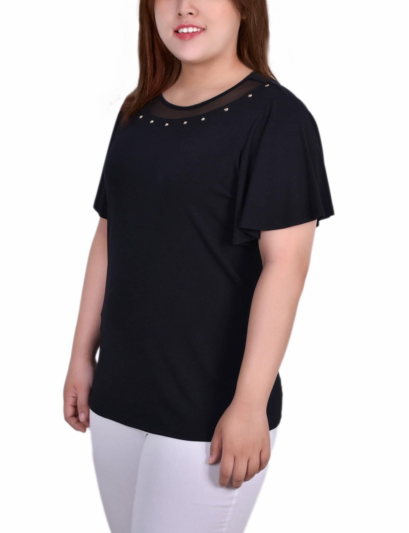 Plus Size Short Sleeve Knit Top with Sheer Inset thumbnail 2