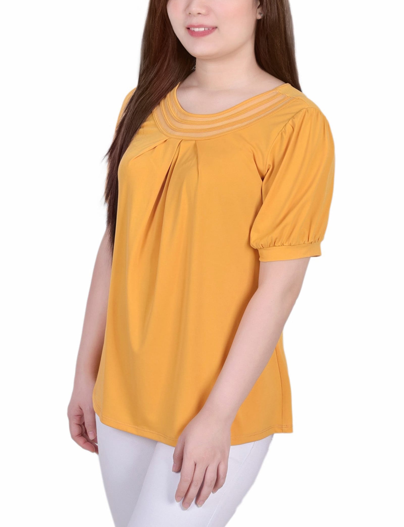 Petite Short Puff Sleeve Sheer Inset Top thumbnail 2
