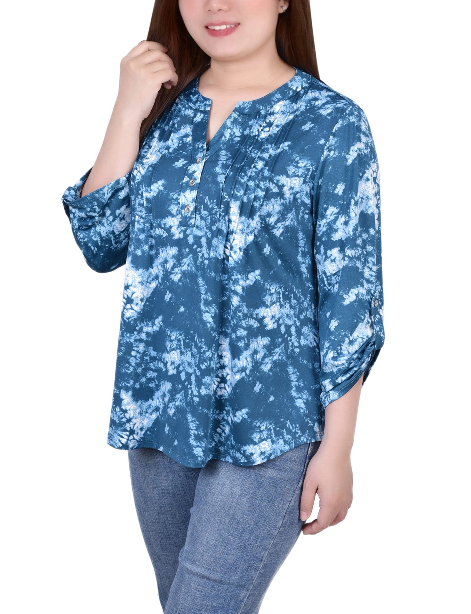 Petite Knit Jacquard 3/4 Sleeve Roll Tab Top thumbnail 5
