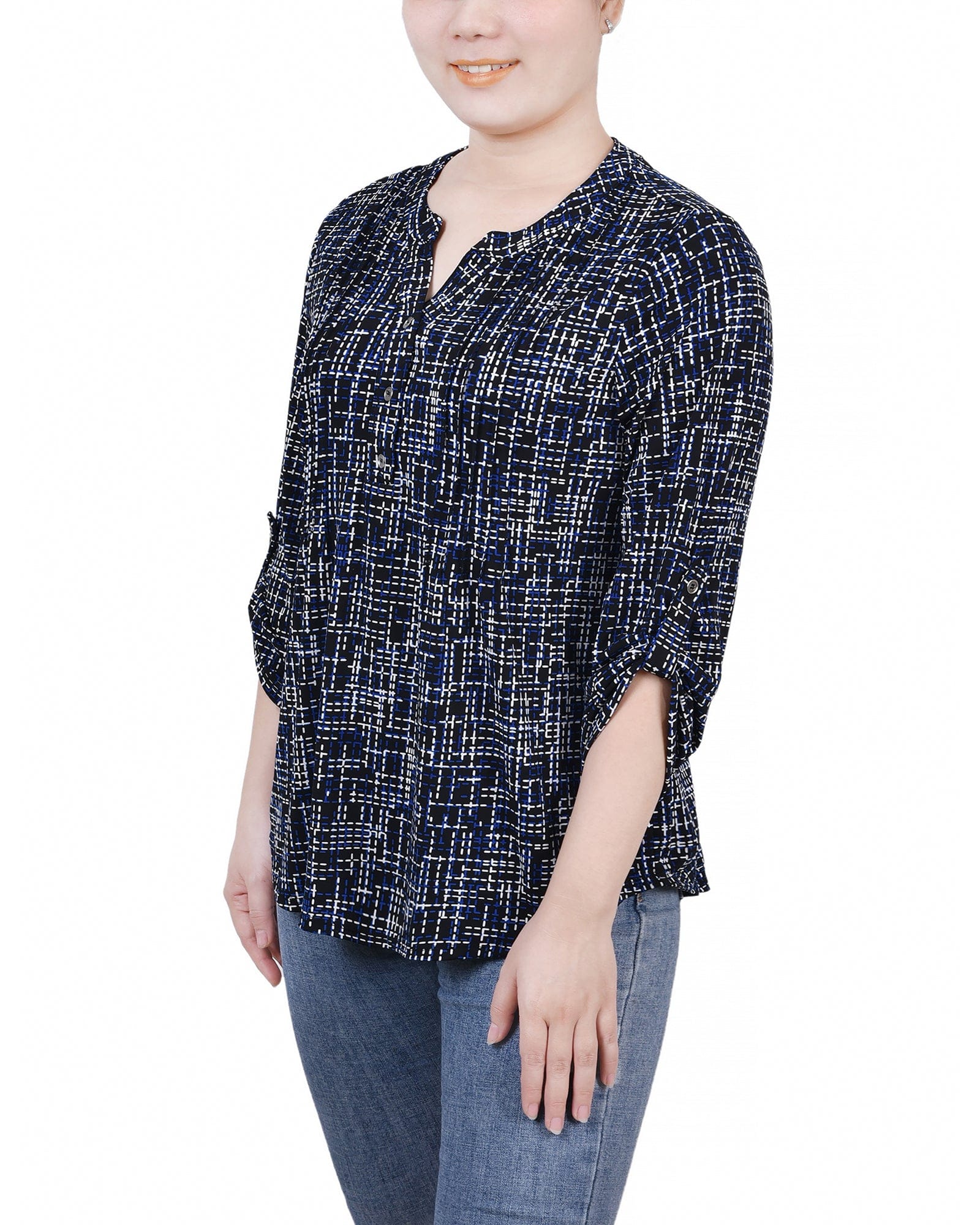 Petite 3/4 Roll Tab Sleeve Y Neck Top thumbnail 2