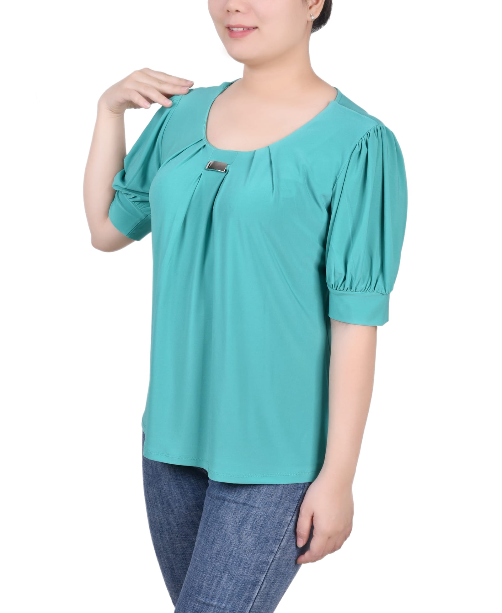 Short Sleeve Balloon Sleeve Top with Hardware thumbnail 2