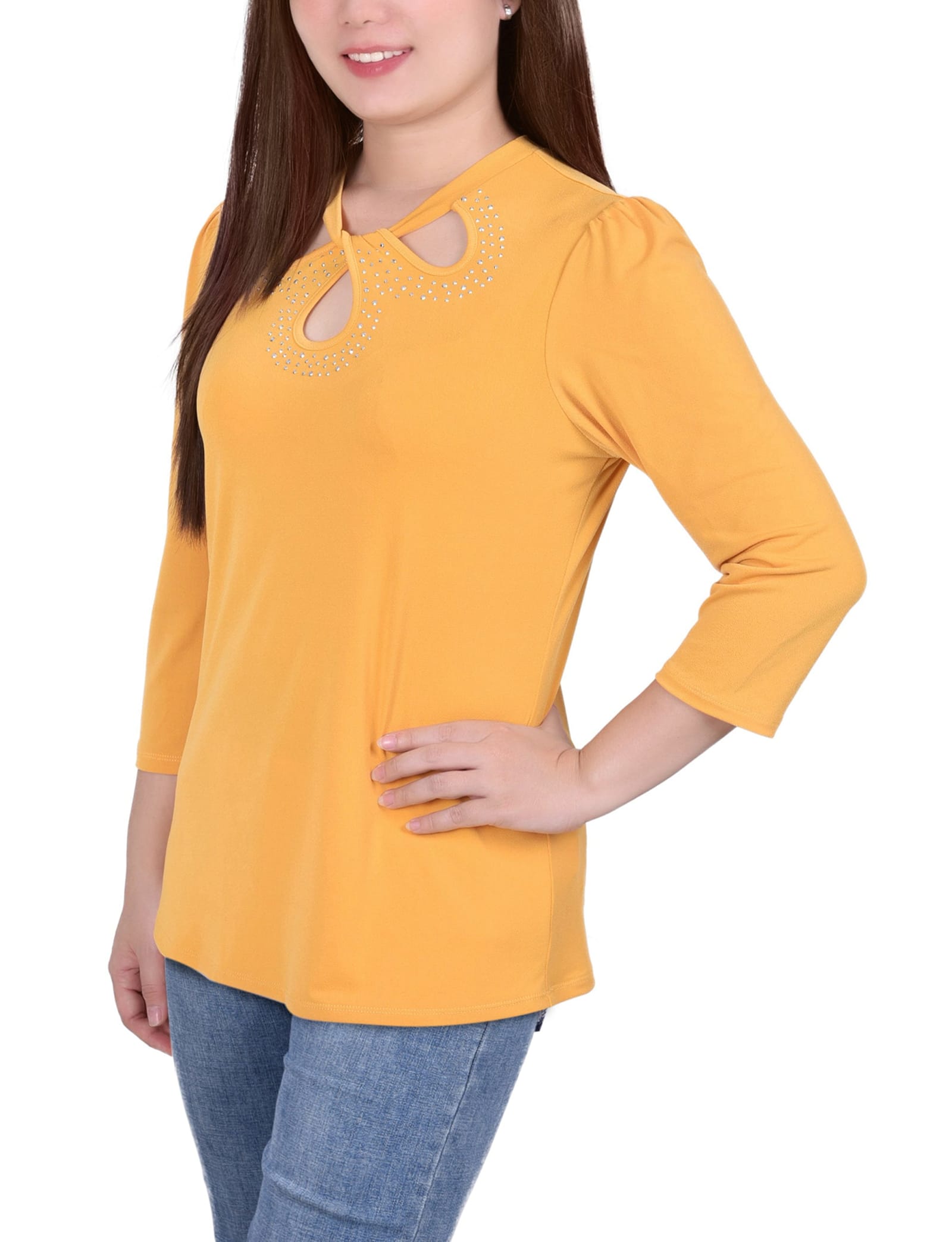 Petite 3/4 Slv Knit Crepe Studded Keyhole Top thumbnail 2