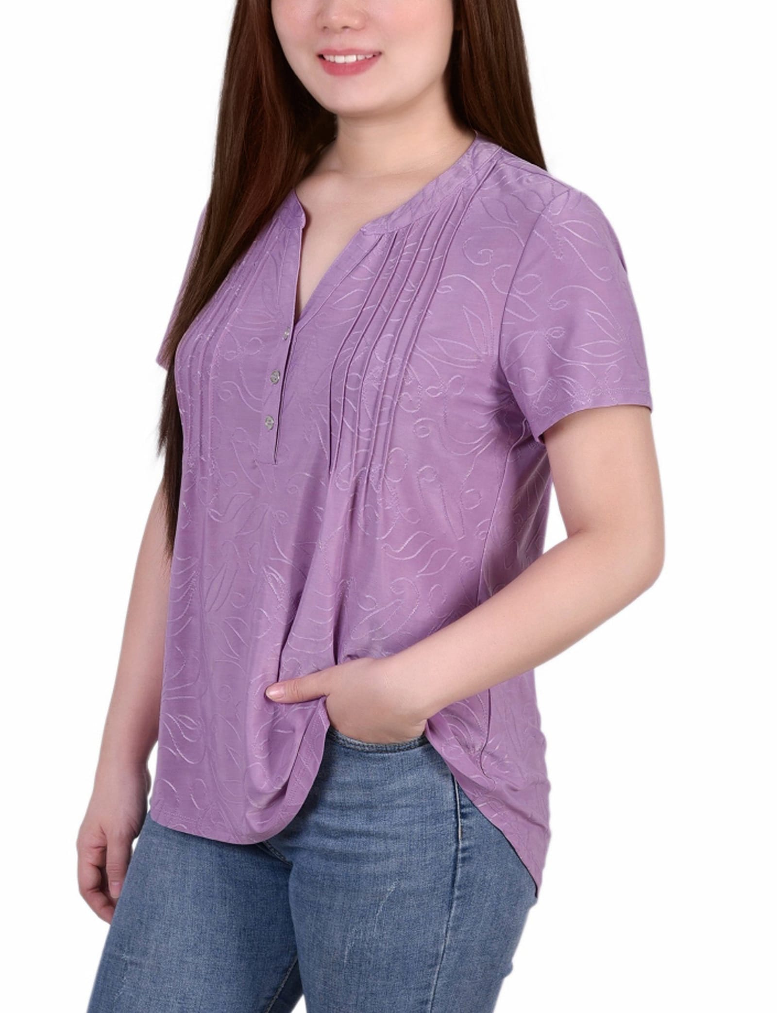 Petite Short Sleeve Y Neck Jacquard Knit Top thumbnail 2
