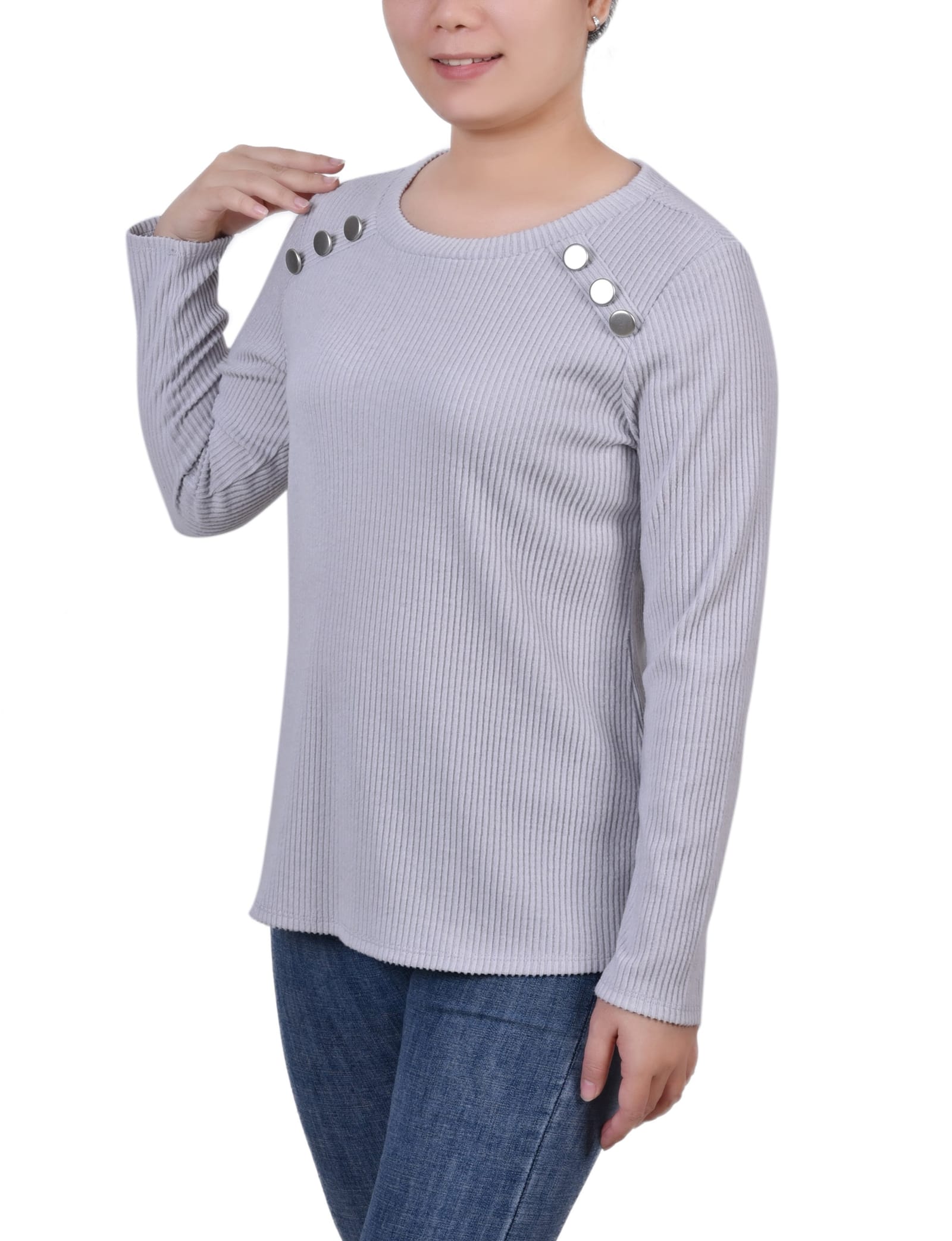 Petite Long Sleeve Ribbed Button Detail Top thumbnail 2