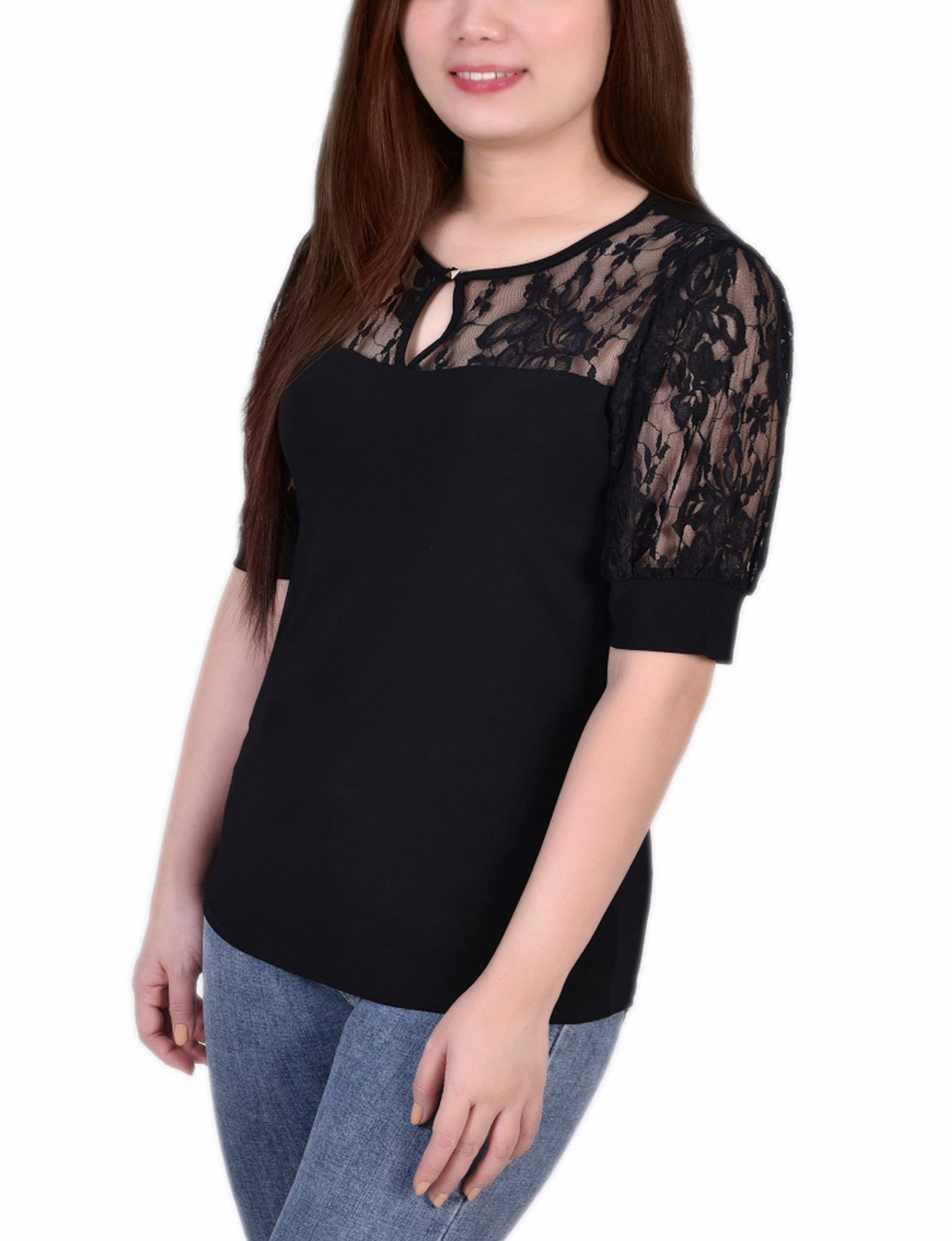 Short Sleeve Lace Yoke and Sleeve Top thumbnail 2