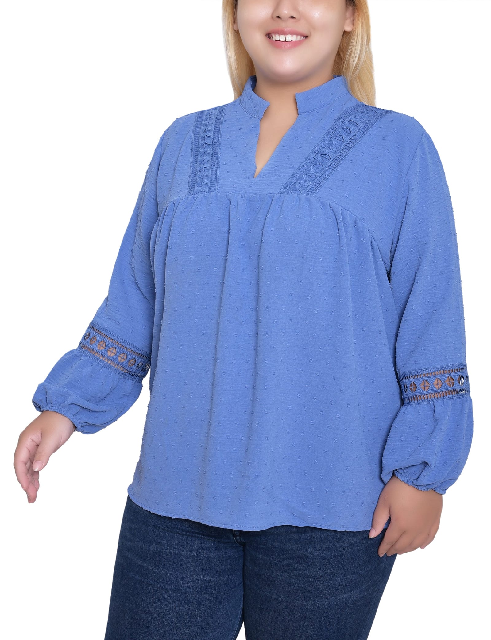 Plus Size Long Sleeve Blouse with Crochet Trim thumbnail 2