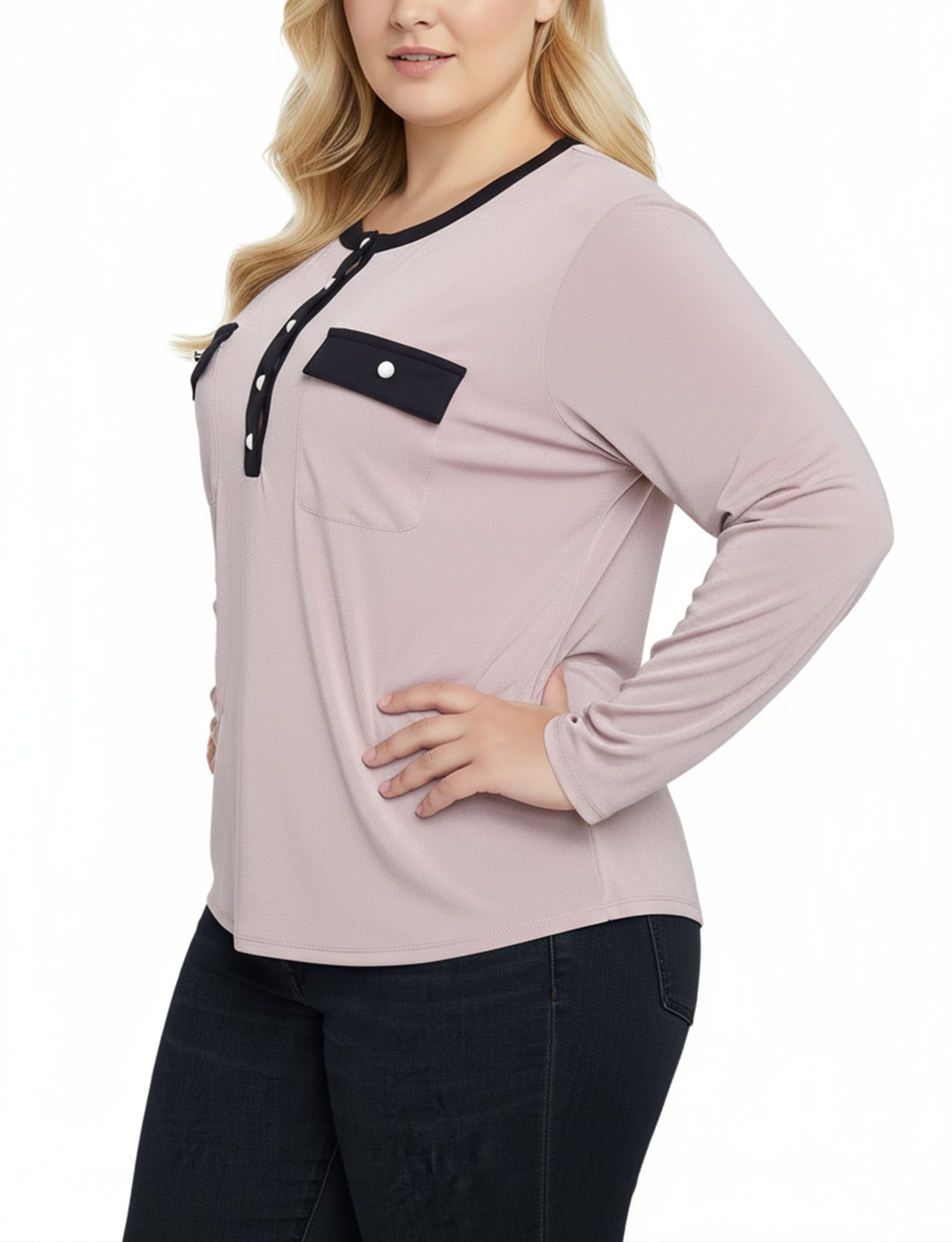 Plus Size Long Sleeve Contrast Detail Top thumbnail 2