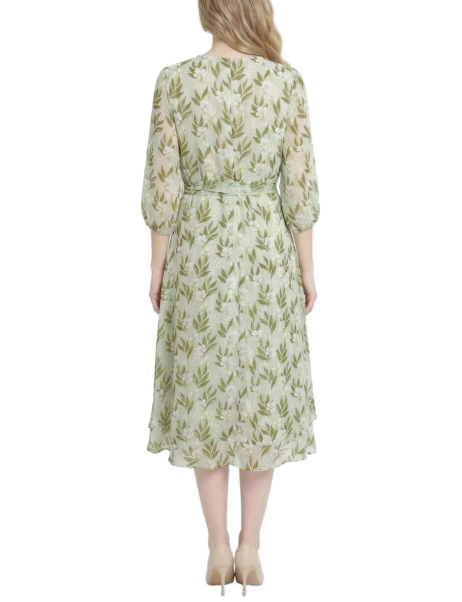 Petite 3/4 Sleeve V Neck Belted Chiffon Dress thumbnail 4