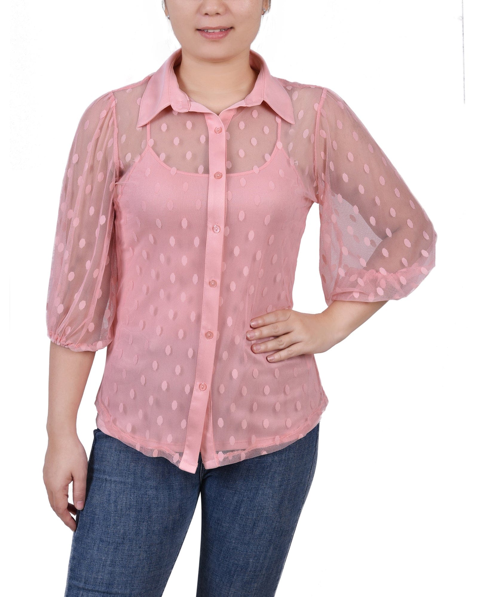 Petite Elbow Sleeve Clip Dot Blouse with Camisole