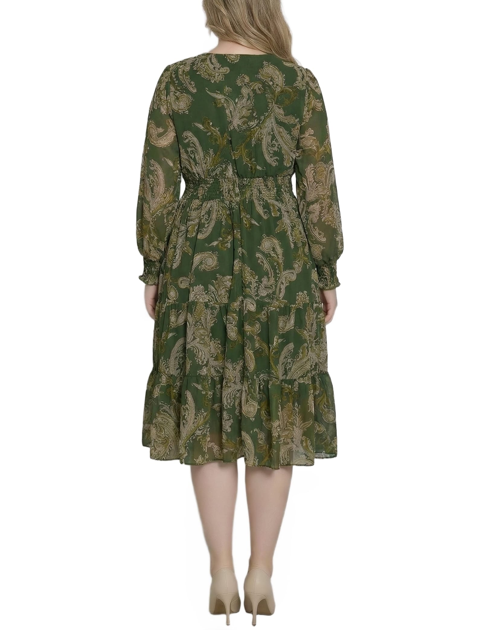 Plus Size Long Sleeve Clip Dot Chiffon Dress with Smocked Waist and Cuffs thumbnail 3