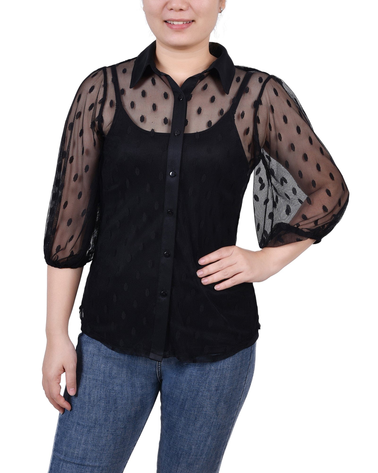 Petite Elbow Sleeve Clip Dot Blouse with Camisole