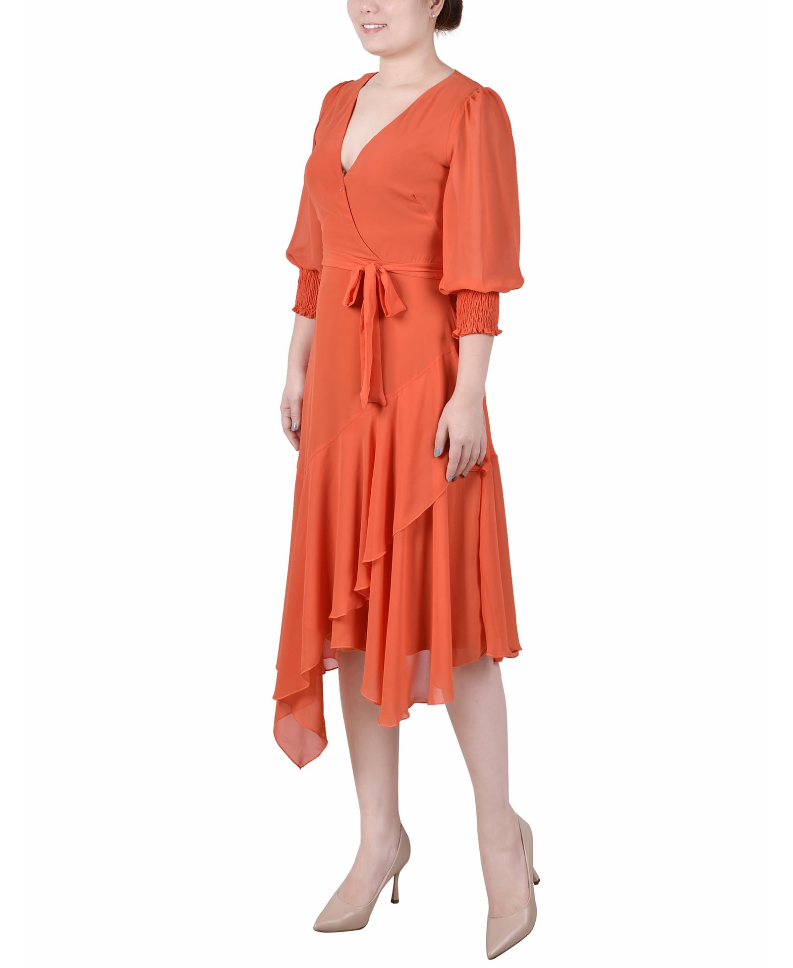 3/4 Sleeve Belted Chiffon Handkerchief Hem Dress thumbnail 2