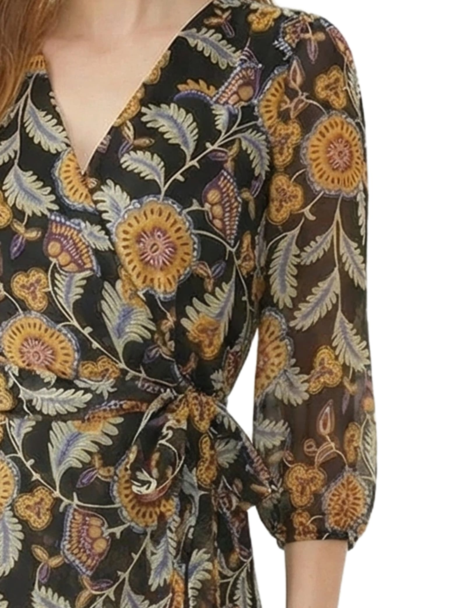 Petite 3/4 Sleeve V Neck Belted Chiffon Dress thumbnail 2