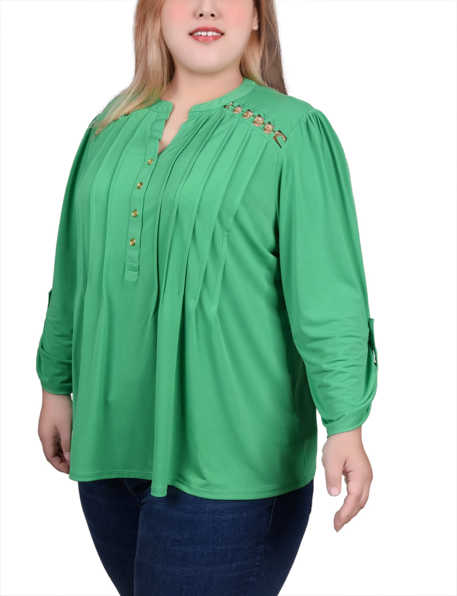 Petite Long Sleeve Pintuck Front Top with Chain Details thumbnail 3