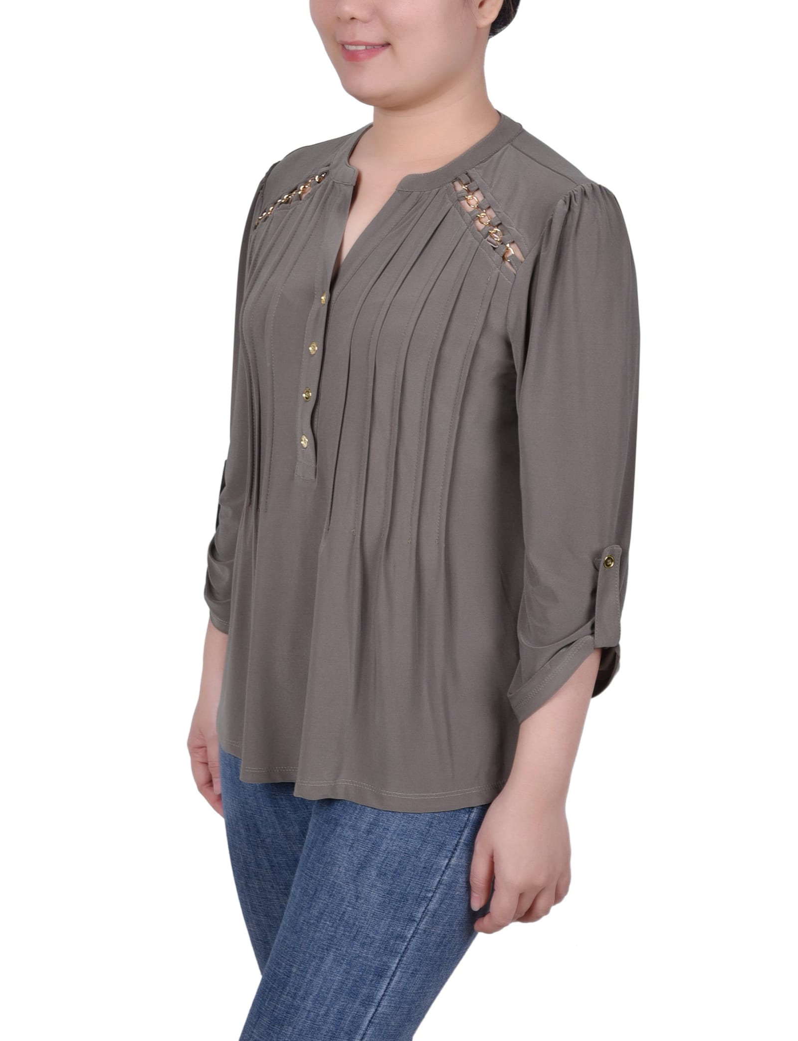 Petite Long Sleeve Pintuck Front Top with Chain Details thumbnail 2
