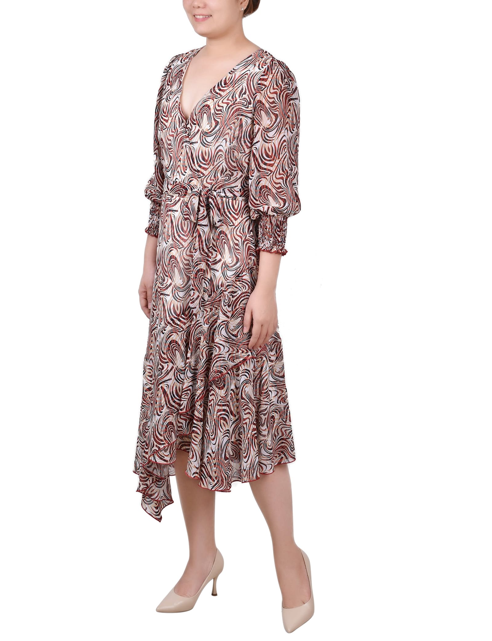 Petite 3/4 Sleeve Belted Chiffon Hankerchief Hem Dress thumbnail 2