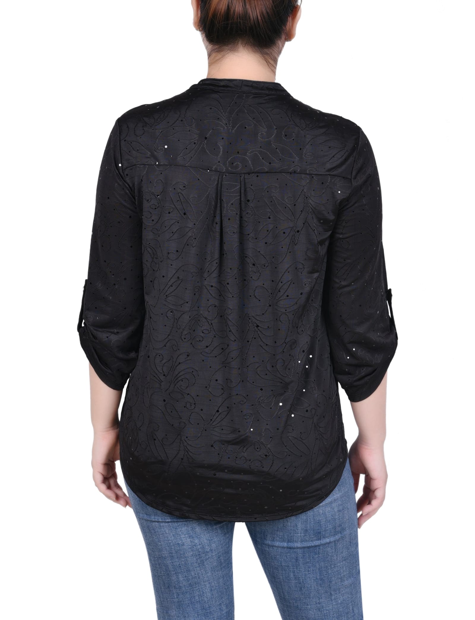 Petite 3/4 Sleeve Roll Tab Y Neck Top thumbnail 3