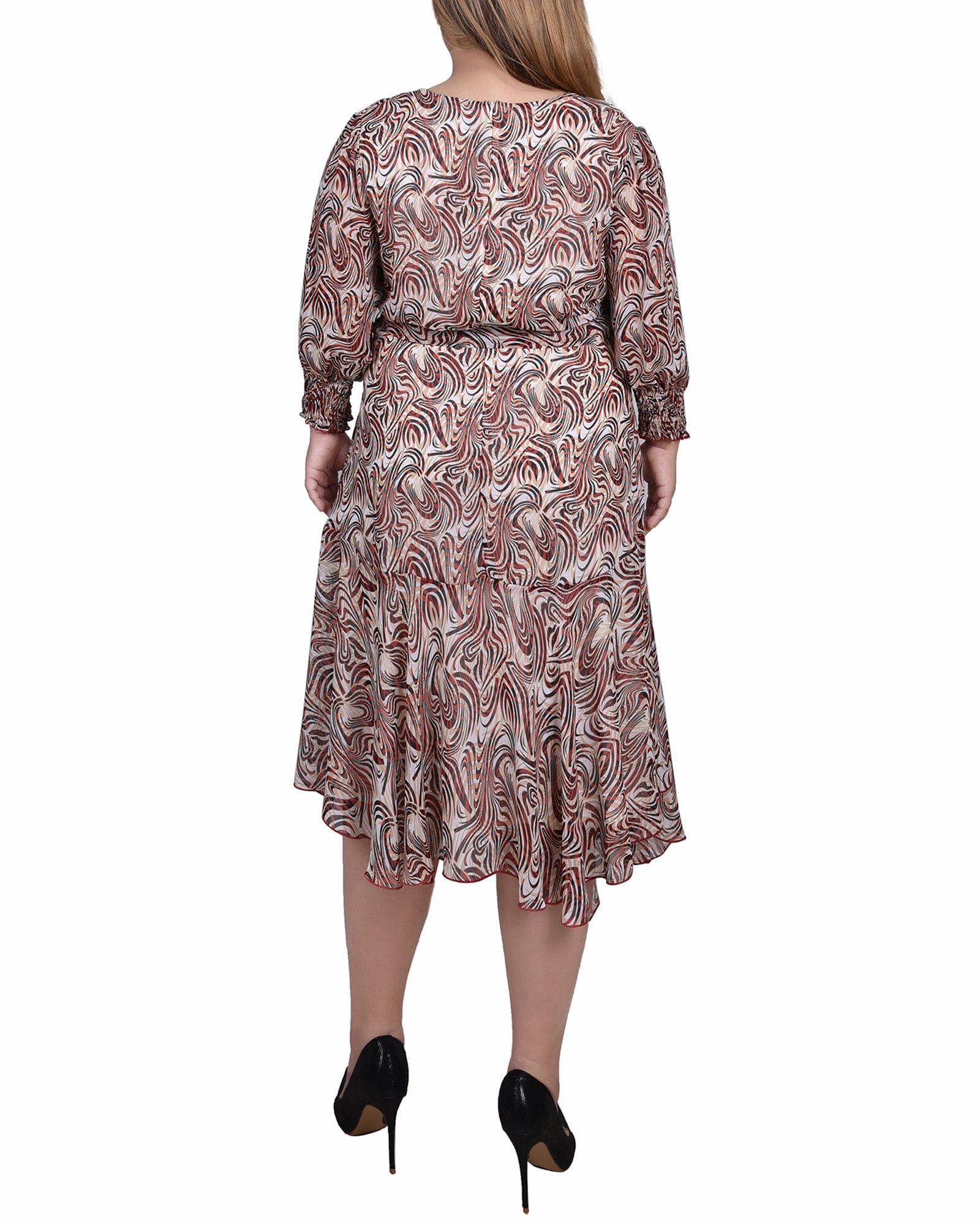 Plus Size 3/4 Sleeve Belted Chiffon Handkerchief Hem Dress thumbnail 3