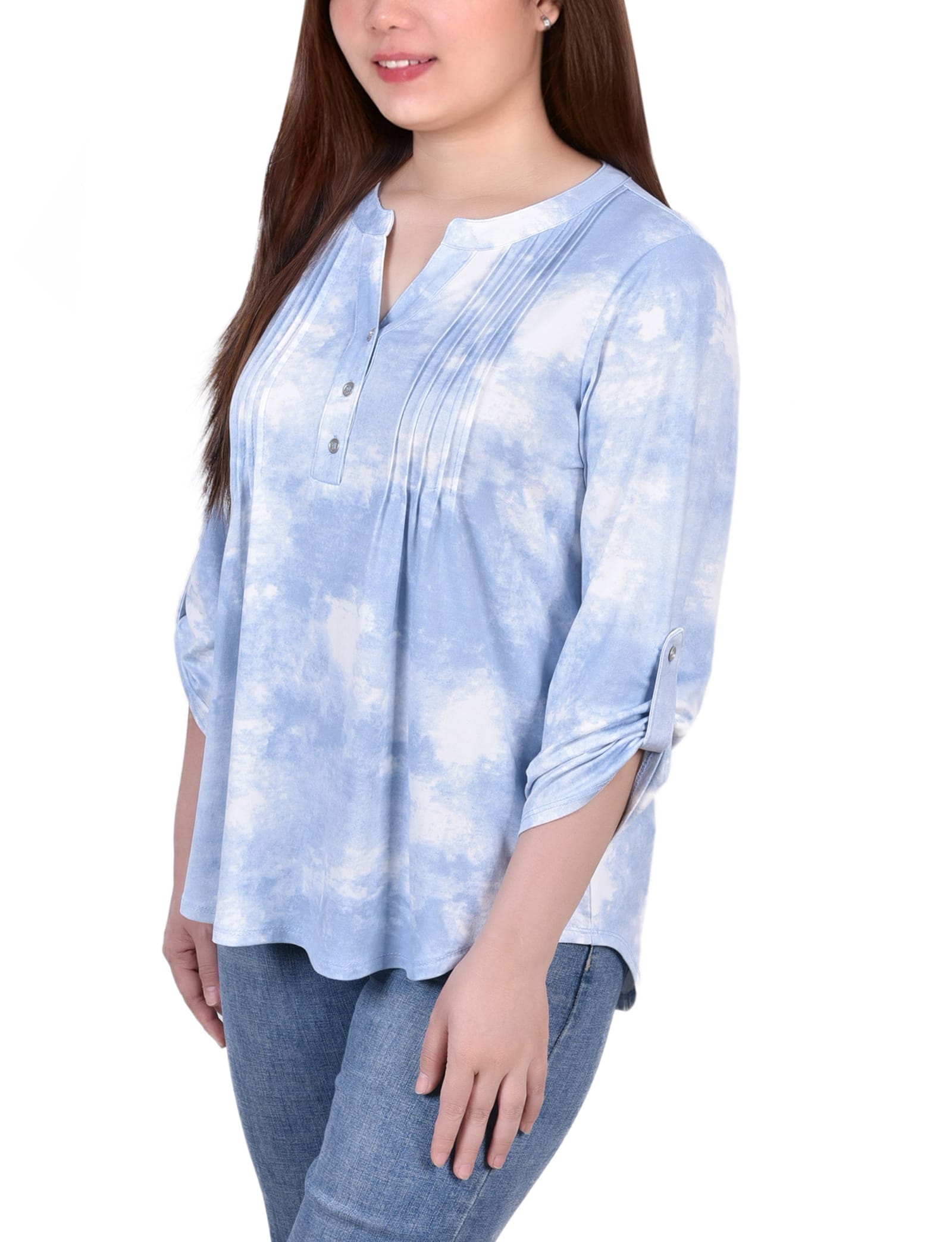 Petite Knit Jacquard 3/4 Sleeve Roll Tab Top thumbnail 2