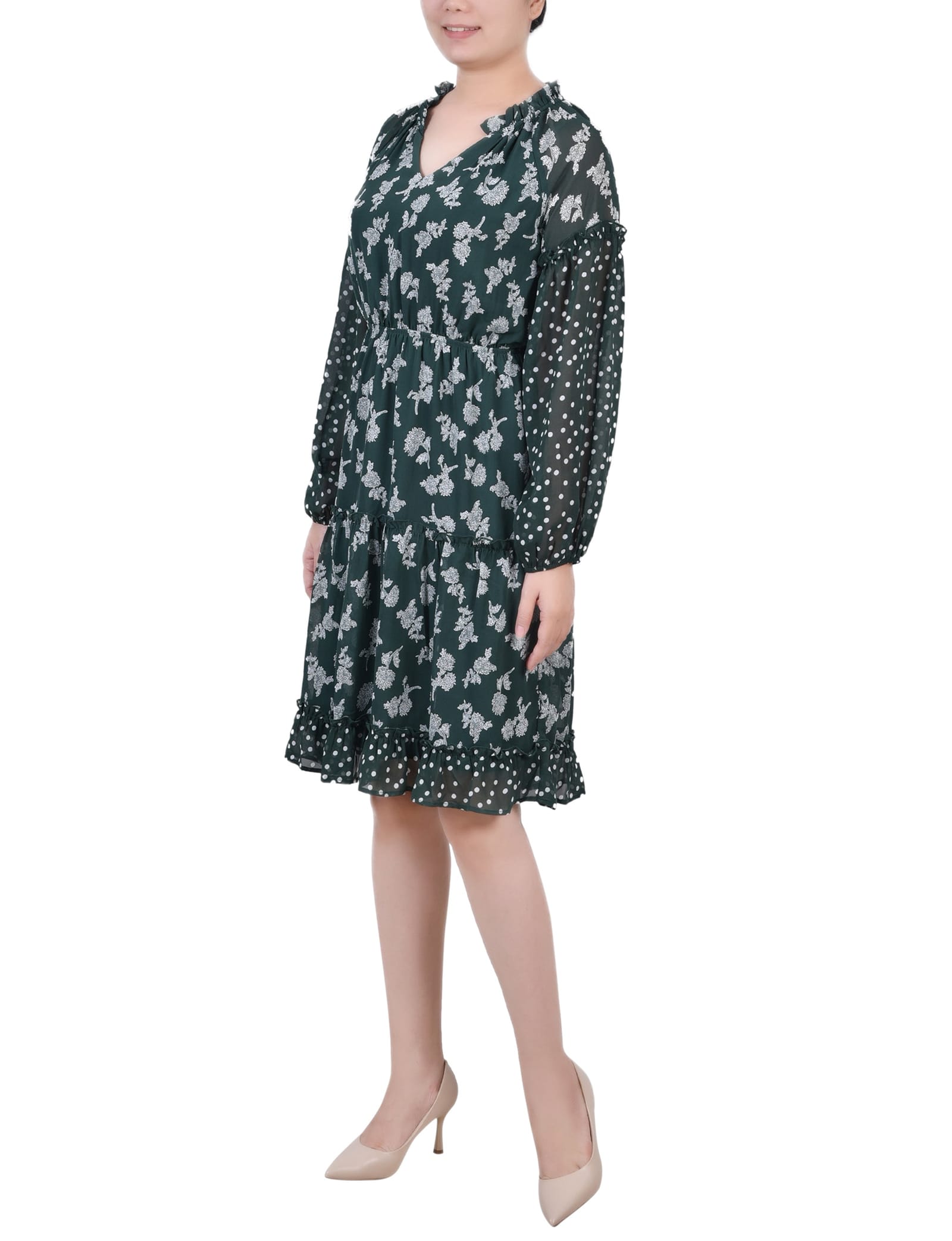 Petite Long Sleeve Combo Chiffon Dress thumbnail 2