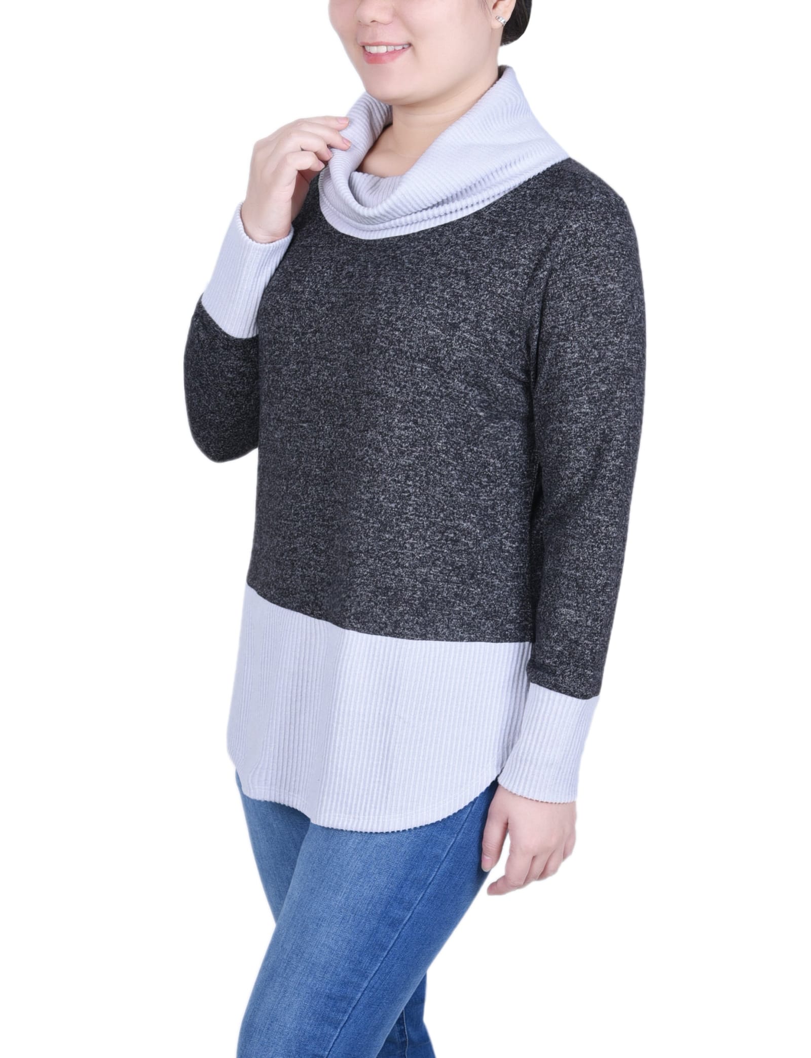 Petite Long Sleeve Cowl Neck Colorblocked Top thumbnail 2