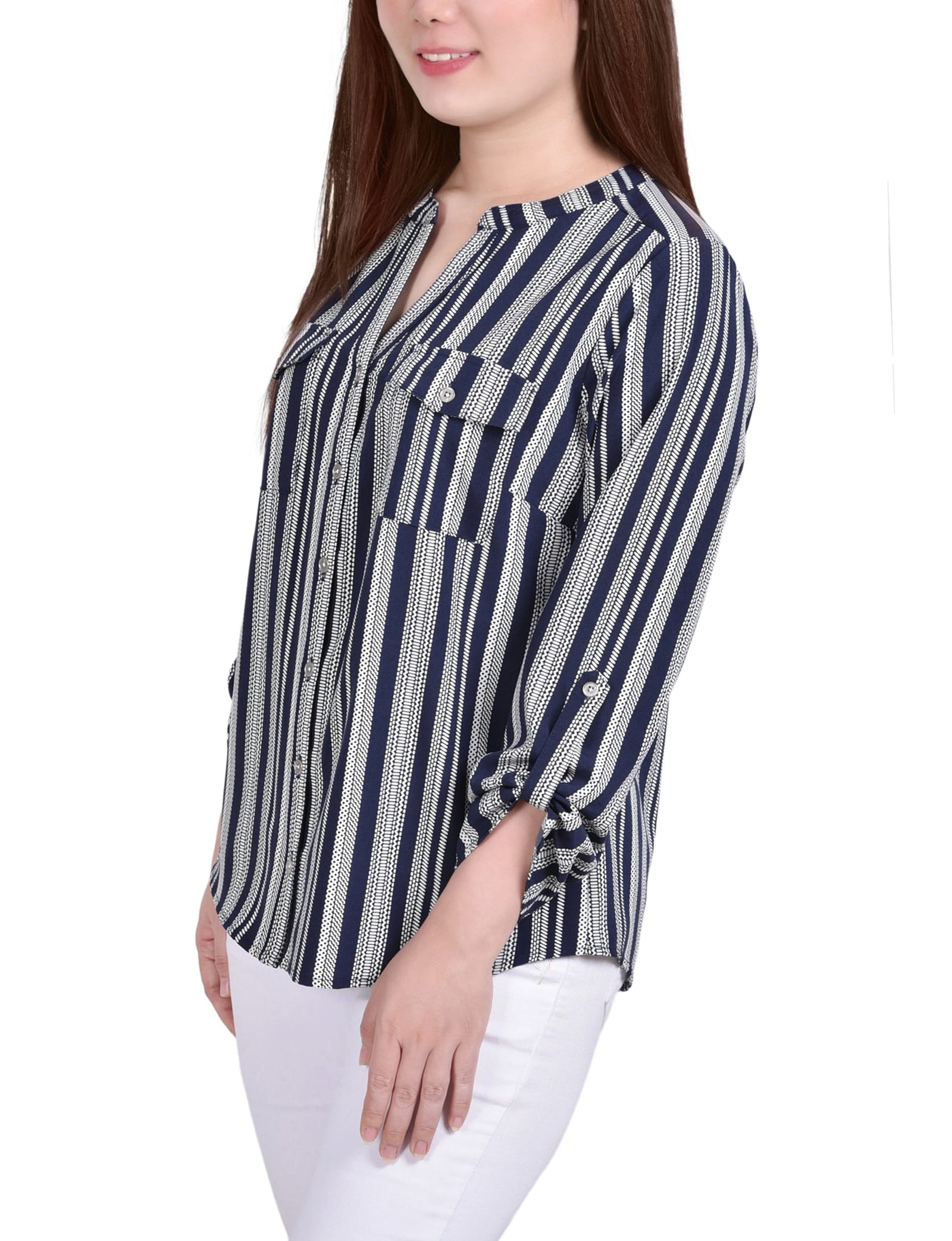 Petite 3/4 Sleeve Roll Tab Y Neck Blouse thumbnail 2