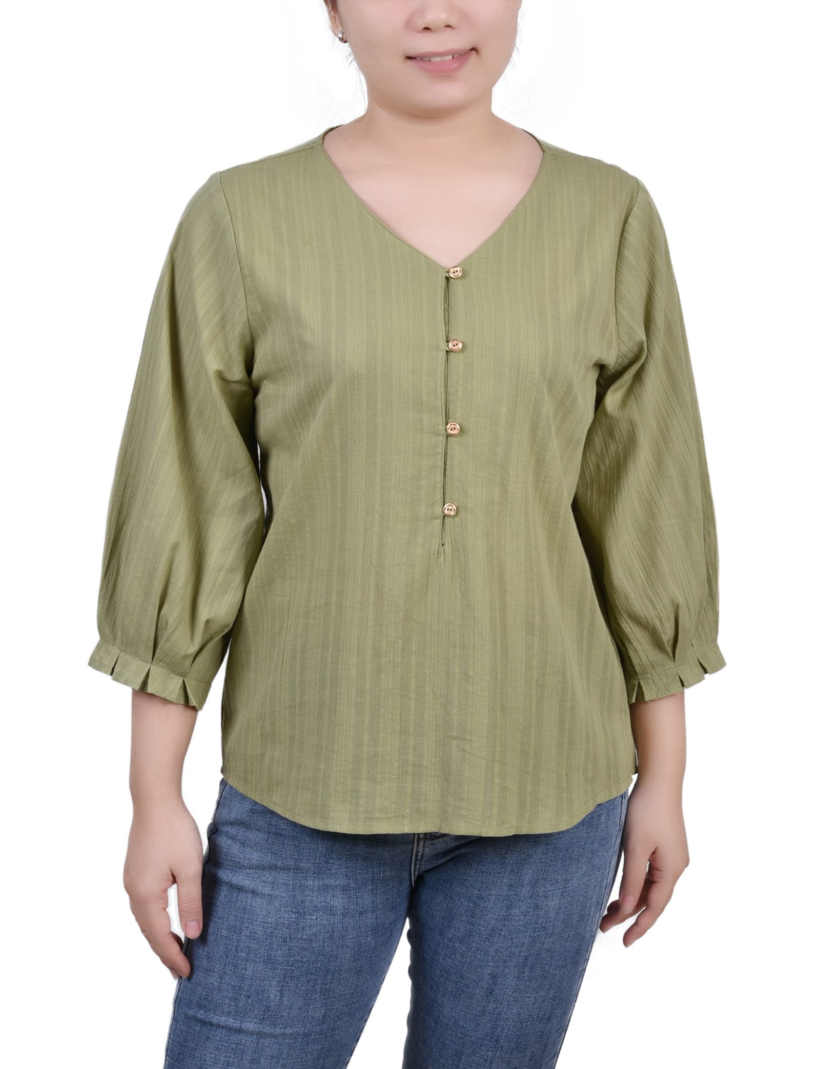 3/4 Sleeve Button Placket Jacquard Blouse