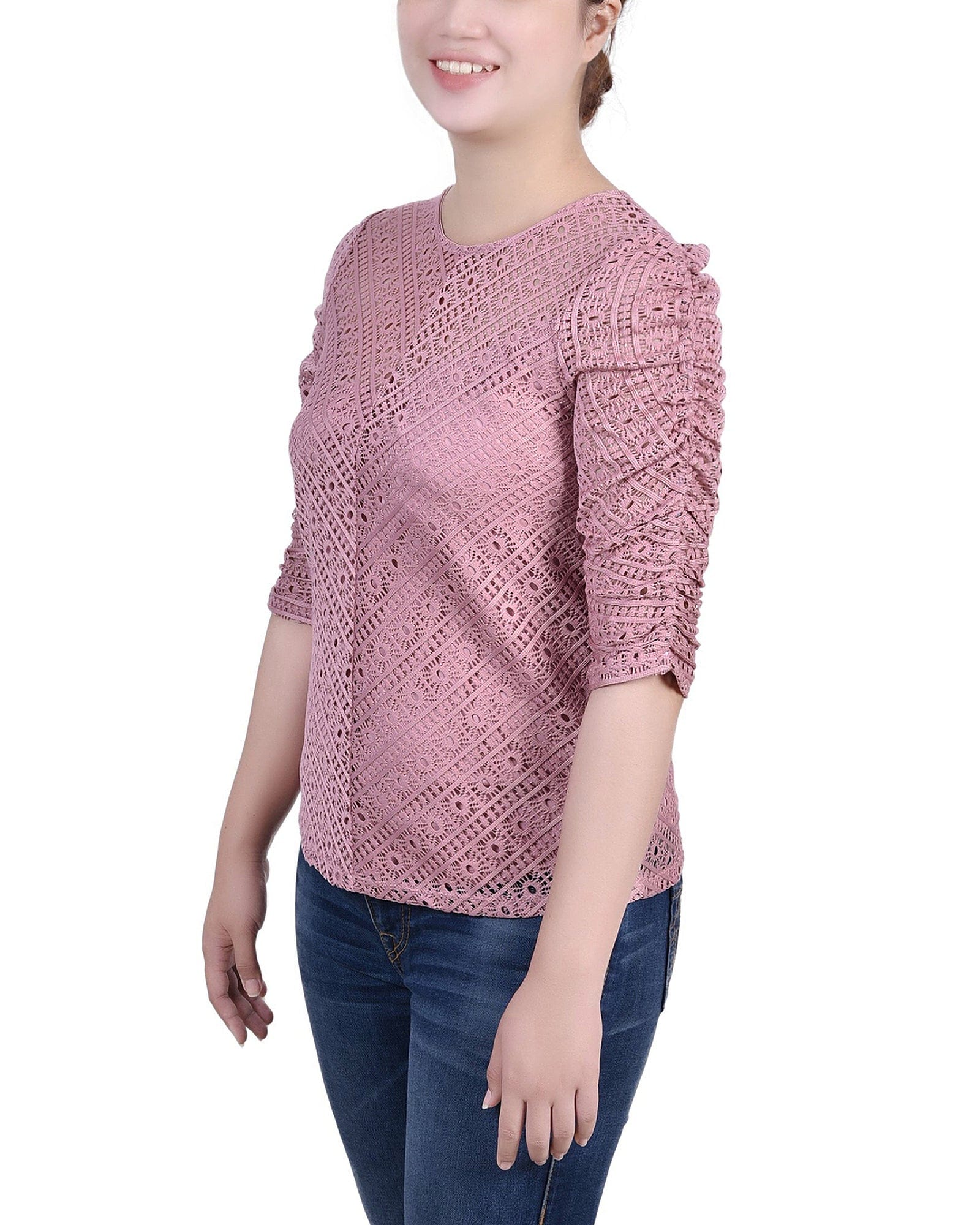 Petite Rouched Sleeve Lace Top thumbnail 2