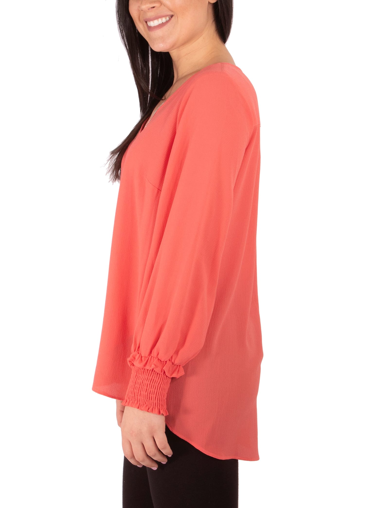 Petite Long Sleeve Overlapping Crepe Blouse with Necklace thumbnail 2